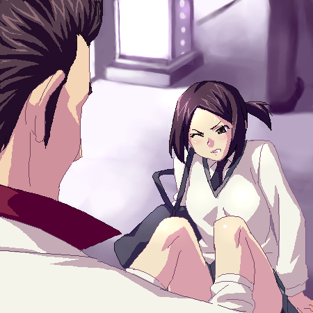 zen, kiryu kazuma, ryuu ga gotoku (series), lowres, 1boy, 1girl, bag, fallen down, formal clothes, one eye closed, peeking, school uniform, suit, wince, wink