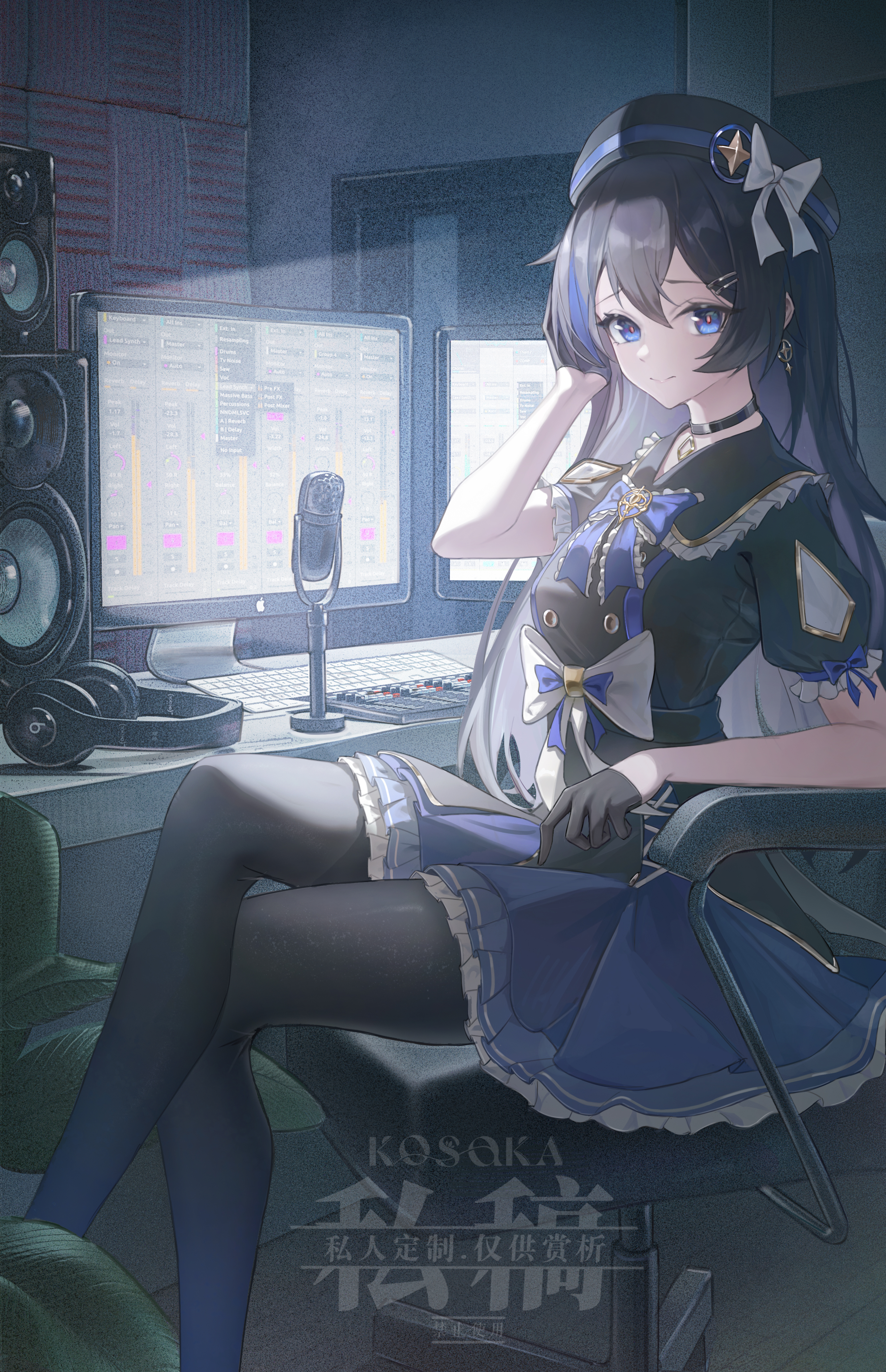 kosaka kaslana, original, absurdres, chinese commentary, commentary request, commission, highres, 1girl, artist name, black choker, black gloves, black hat, black pantyhose, black shirt, blue eyes, blue hat, blue ribbon, blue skirt, blue streaks, chair, choker, closed mouth, crossed legs, earrings, feet out of frame, frilled ribbon, frilled skirt, frilled sleeves, frills, gloves, hair between eyes, hair ornament, hairclip, hand up, hat, hat ribbon, headphones, indoors, jewelry, light smile, long hair, looking at viewer, microphone, monitor, multicolored hair, multicolored hat, multiple monitors, on chair, pantyhose, puffy sleeves, red pupils, ribbon, shirt, short sleeves, sitting, skirt, solo, two-tone hair, two-tone hat, white ribbon