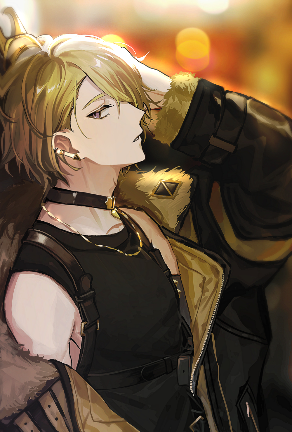 daenarys, luca kaneshiro, nijisanji, nijisanji en, commentary, english commentary, highres, 1boy, bare shoulders, belt, bishounen, black belt, black choker, black jacket, black tank top, blonde hair, blurry, blurry background, chest belt, chest harness, choker, collarbone, depth of field, ear piercing, earrings, from side, fur-trimmed jacket, fur trim, hair over one eye, hand in own hair, hand on own head, harness, jacket, jewelry, long sleeves, looking at viewer, male focus, necklace, off shoulder, open clothes, open jacket, parted lips, piercing, profile, purple eyes, shirt, short hair, single bare shoulder, solo, tank top, upper body, virtual youtuber