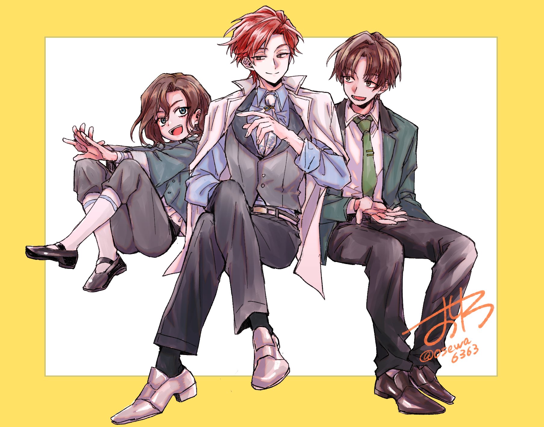 cale henituse, lout of count's family, highres, 1girl, 2boys, aged down, basen henituse, belt, black pants, black socks, blue shirt, border, brothers, brown eyes, brown hair, closed mouth, coat, collared shirt, crossed legs, dated, dress shoes, formal clothes, full body, green eyes, green jacket, green necktie, grey pants, grey vest, invisible chair, jacket, jacket on shoulders, lily henituse, loafers, long sleeves, looking at another, looking at viewer, male focus, mary janes, multiple boys, necktie, open mouth, osewa6363, pants, red eyes, red hair, shirt, shoes, short hair, siblings, signature, sitting, smile, socks, suit, vest, white background, white coat, white jacket, white necktie, white shirt, white socks, yellow border