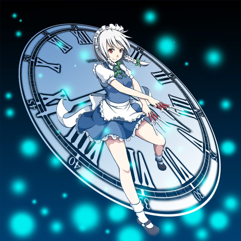 kotori (kotorimax), kotori (max), izayoi sakuya, embodiment of scarlet devil, touhou, silver hair, 1girl, braid, clock, female focus, knife, red eyes, roman numeral, short hair, solo, twin braids