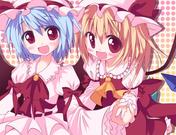 haiiro (immature), flandre scarlet, remilia scarlet, touhou, 2girls, female focus, hat, multiple girls, ribbon, short hair, siblings, sisters