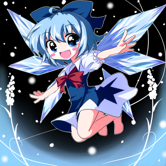 haiiro (immature), cirno, embodiment of scarlet devil, touhou, 1girl, barefoot, blue eyes, blue hair, blush, bow, dress, female focus, full body, hair bow, happy, matching hair/eyes, ribbon, short hair, solo, wings