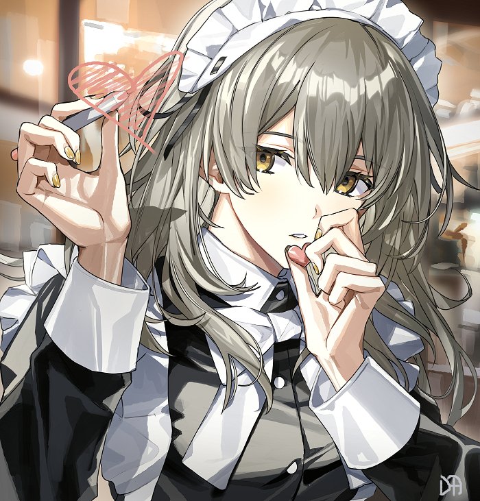 daenarys, stelle (honkai: star rail), trailblazer (honkai: star rail), honkai: star rail, honkai (series), 1girl, alternate costume, apron, artist name, black dress, blurry, blurry background, bow, bowtie, buttons, drawing (action), dress, enmaided, frills, grey hair, hair between eyes, hands up, heart, holding, holding pen, indoors, long hair, long sleeves, looking at viewer, maid, maid apron, maid headdress, nail polish, parted lips, pen, solo, upper body, white apron, white bow, white bowtie, yellow eyes, yellow nails
