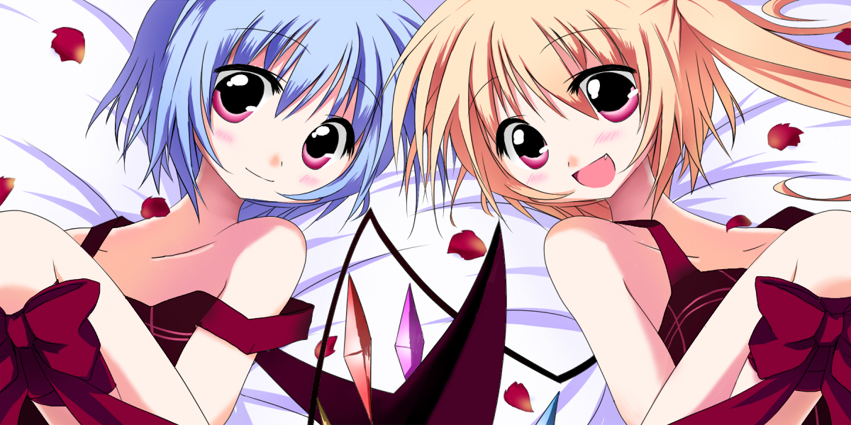 haiiro (immature), flandre scarlet, remilia scarlet, touhou, 2girls, female focus, multiple girls, petals, red eyes, short hair, siblings, sisters