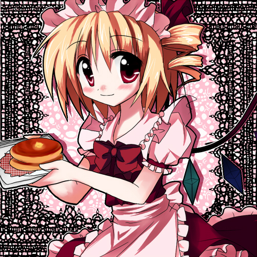 haiiro (immature), flandre scarlet, touhou, lowres, 1girl, alternate costume, blonde hair, blouse, female focus, food, hair between eyes, maid, pancake, shirt, solo, white shirt