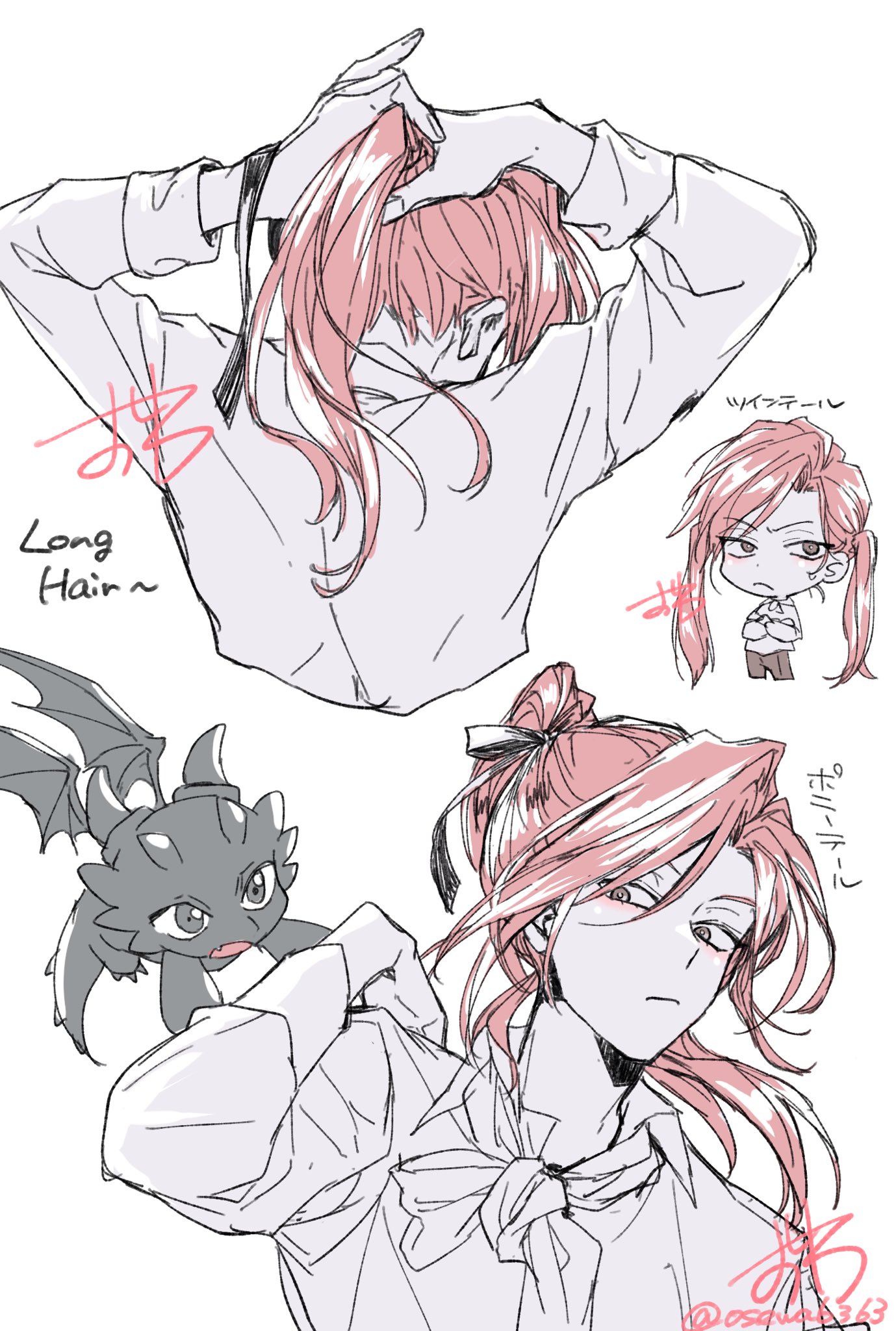 cale henituse, raon miru, lout of count's family, highres, 1boy, adjusting hair, character name, chibi, chibi inset, closed mouth, collared shirt, cropped torso, crossed arms, dragon, facing away, from behind, hair ribbon, long hair, long sleeves, looking at viewer, male focus, multiple views, osewa6363, partially colored, ponytail, red hair, ribbon, shirt, signature, simple background, twintails, twitter username, tying hair, upper body, white background, white shirt