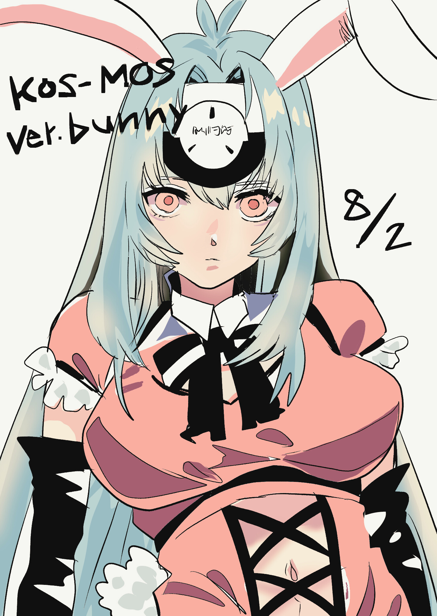 kos-mos, xenosaga, xenosaga episode i, commentary, english commentary, highres, 1girl, alternate costume, animal ears, blue hair, breasts, character name, closed mouth, dated, fake animal ears, forehead protector, large breasts, long hair, looking at viewer, mon 7291, navel, pink eyes, rabbit ears, simple background, solo, very long hair, white background