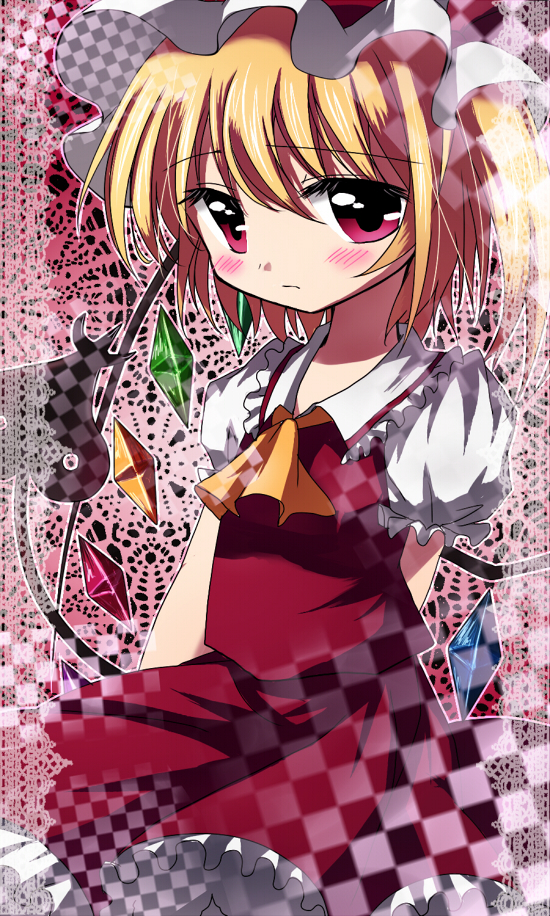 haiiro (immature), flandre scarlet, touhou, 1girl, blush, female focus, hat, red eyes, solo, standing