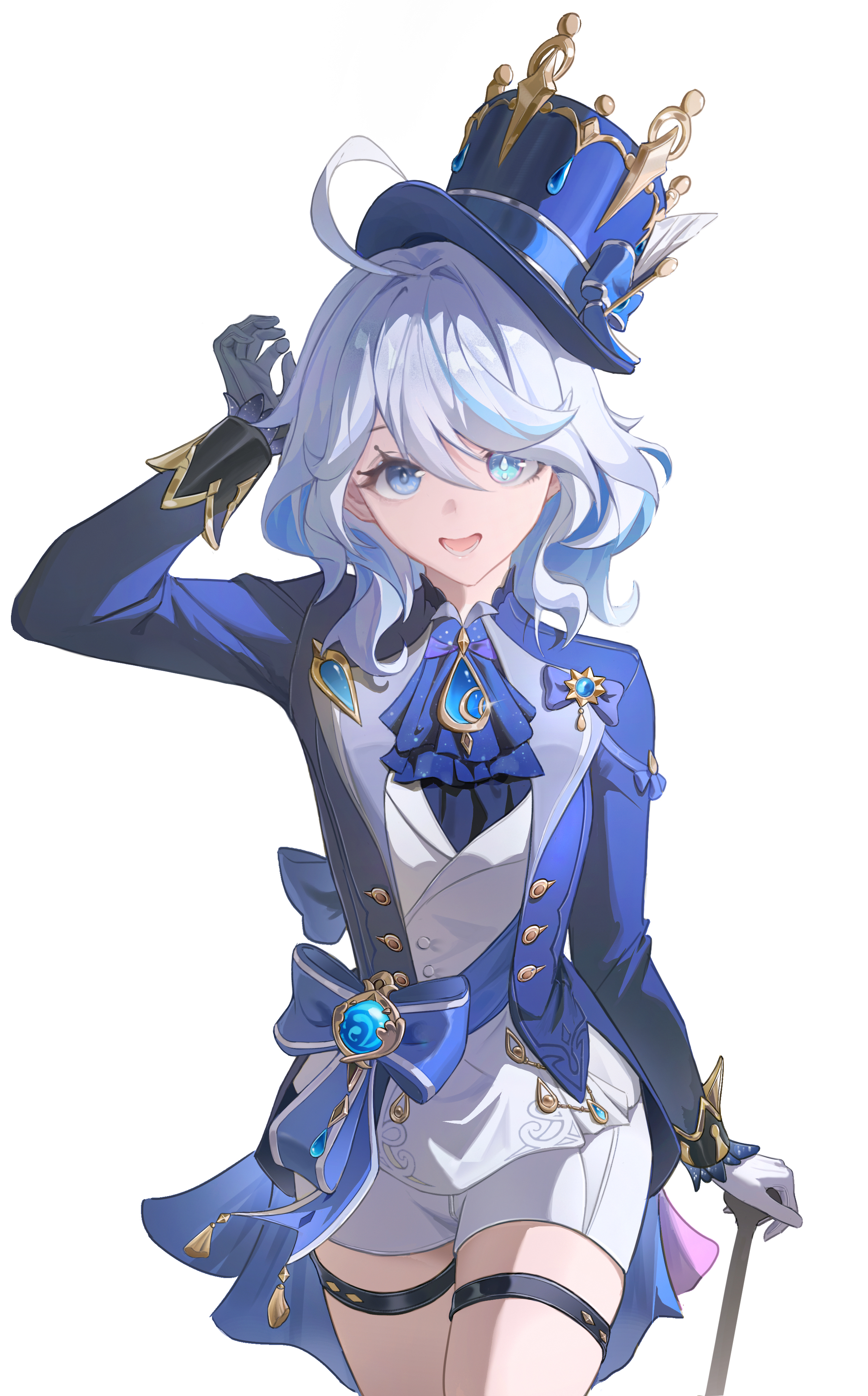 kosaka kaslana, furina (genshin impact), genshin impact, absurdres, chinese commentary, commentary request, highres, 1girl, ahoge, arm up, ascot, asymmetrical gloves, black gloves, blue eyes, blue hair, blue hat, blue jacket, cowboy shot, eyelash ornament, gloves, hair between eyes, hat, heterochromia, holding, jacket, jewelry, lolita fashion, long hair, long sleeves, looking at viewer, lower teeth only, mismatched gloves, multicolored hair, open mouth, ouji fashion, short shorts, shorts, simple background, smile, solo, teeth, top hat, two-tone hair, white gloves, white hair, white shorts