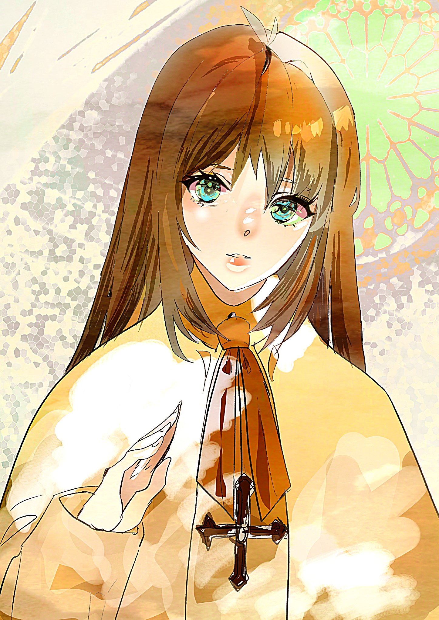 sophia (xenogears), xenogears, commentary, english commentary, highres, 1girl, aqua eyes, ascot, cross, dress, eyelashes, long hair, looking at viewer, mon 7291, orange hair, red ascot, solo, white dress