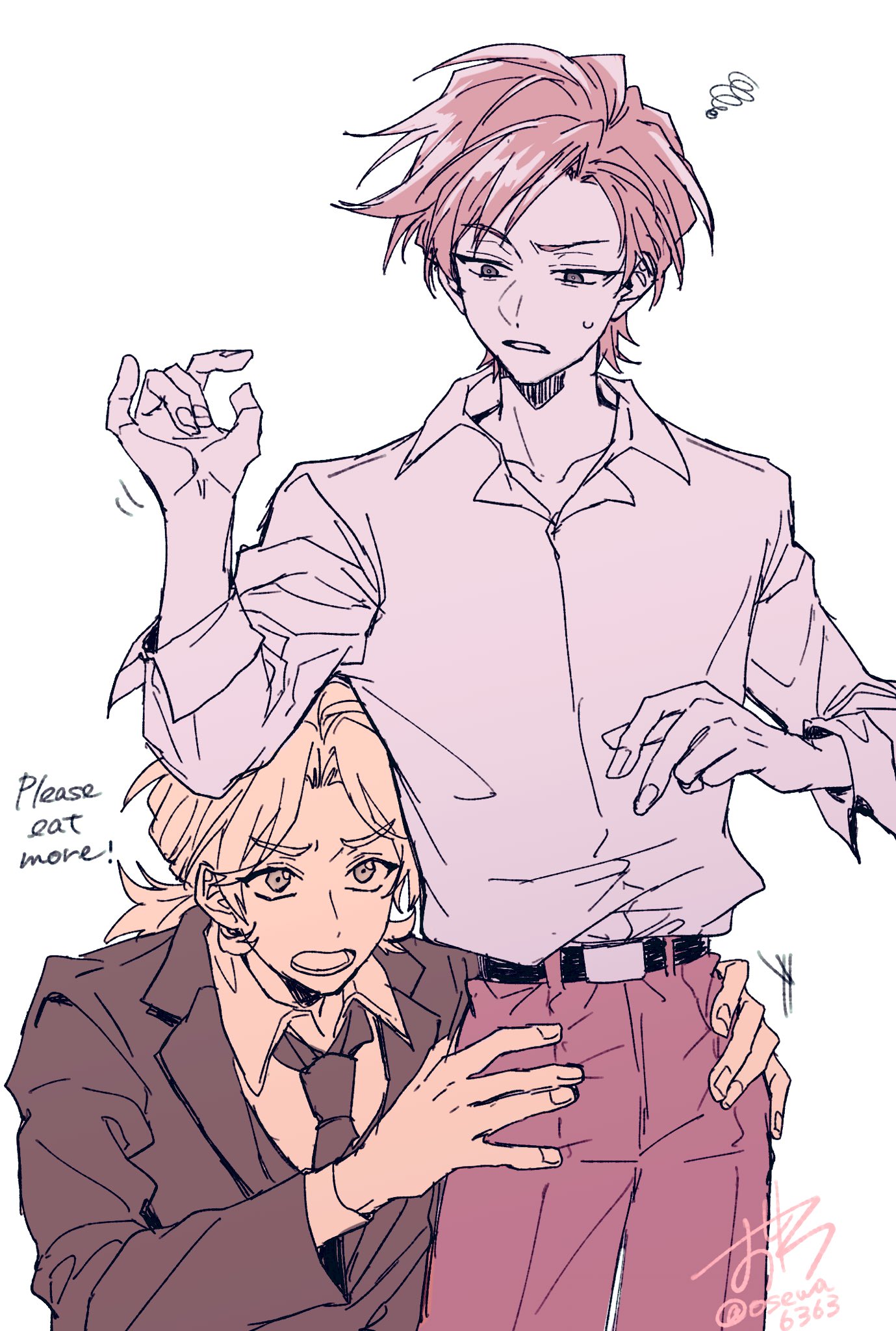 cale henituse, lout of count's family, highres, 2boys, annoyed, belt, black jacket, black necktie, blonde hair, collared shirt, dated, english text, formal clothes, hands on another's hips, hans (lout of count's family), jacket, limited palette, long sleeves, looking at another, low ponytail, male focus, multiple boys, necktie, open mouth, osewa6363, pants, parted bangs, ponytail, red pants, shirt, short hair, signature, simple background, squiggle, suit, suit jacket, sweatdrop, white background, white shirt