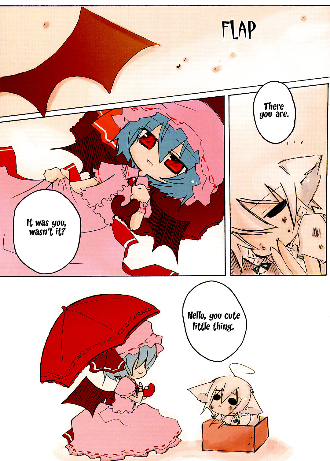nejikirio, inu sakuya (nejikirio), izayoi sakuya, remilia scarlet, touhou, hard-translated, highres, third-party edit, translated, ahoge, animal ears, bat wings, blue hair, box, comic, dog ears, dog tail, english text, female focus, for adoption, hair over eyes, hat, in box, in container, parasol, red eyes, short hair, smile, tail, umbrella, wings