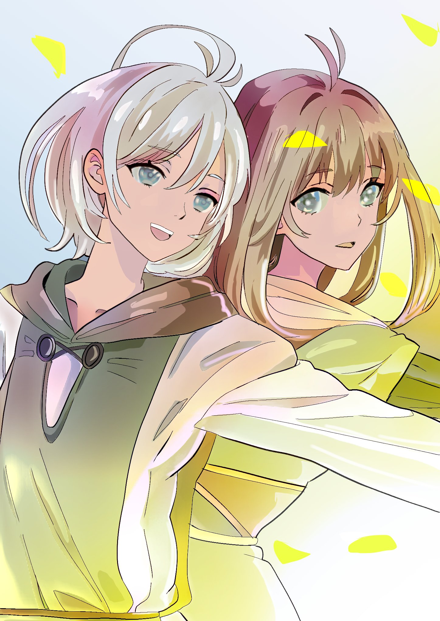 chaos (xenosaga), xenosaga, xenosaga episode iii, commentary, highres, spoilers, 1boy, 1girl, blue eyes, brown hair, eyelashes, grey eyes, grey hair, long hair, looking ahead, looking at viewer, mary magdalene (xenosaga), mon 7291, open mouth, smile, standing, teeth, upper teeth only