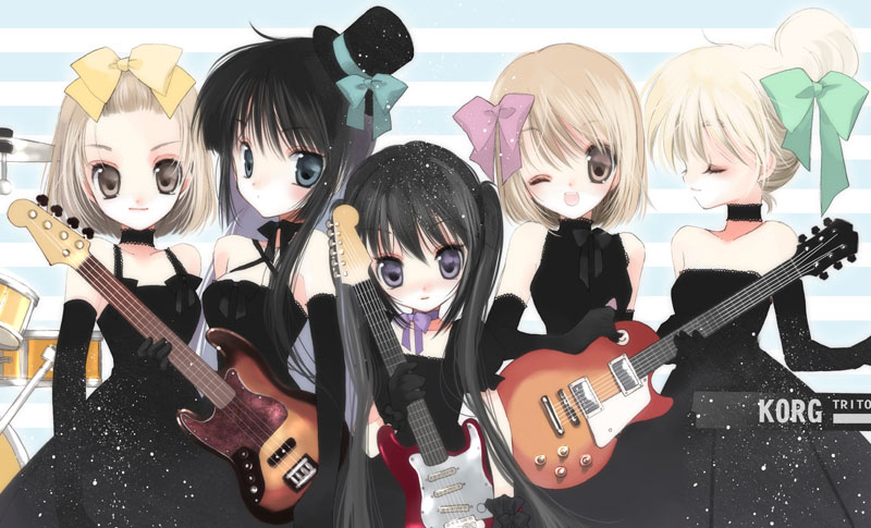 hato rami, akiyama mio, hirasawa yui, kotobuki tsumugi, nakano azusa, tainaka ritsu, k-on!, 00s, 5girls, bare shoulders, bass guitar, black eyes, black hair, blonde hair, bow, brown eyes, brown hair, choker, closed eyes, dress, drum, elbow gloves, electric guitar, gibson les paul, gloves, guitar, hair bow, hat, ho-kago tea time, instrument, keyboard (instrument), long hair, mini hat, mini top hat, multiple girls, one eye closed, short hair, strat (guitar), top hat, twintails, wink