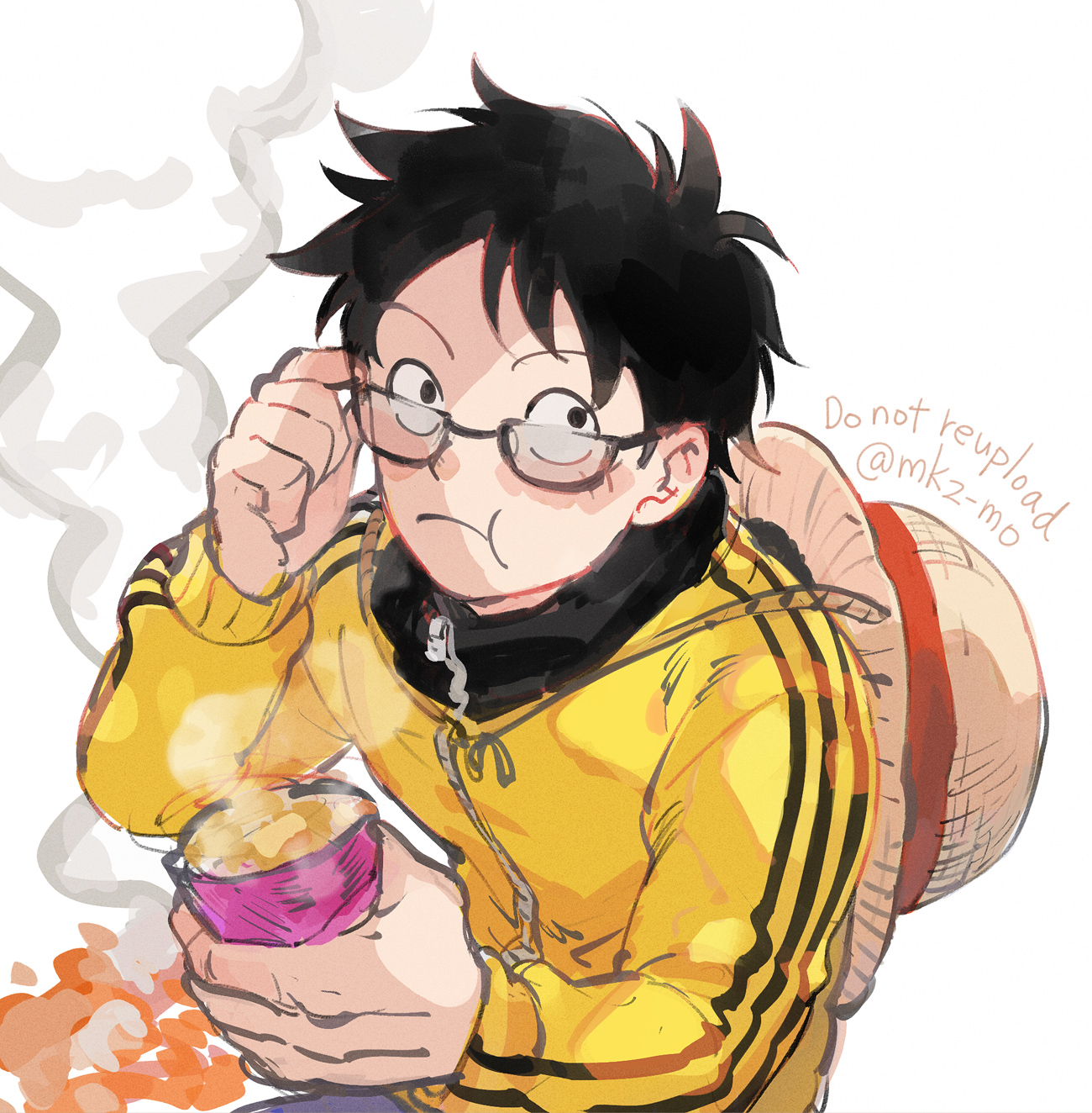 mocchi (mkz), monkey d. luffy, one piece, commentary request, highres, 1boy, adjusting eyewear, black hair, blush, closed mouth, eating, facial scar, food, glasses, hat, holding, holding food, jacket, long sleeves, looking at viewer, male focus, official alternate costume, scar, scar on cheek, scar on face, short hair, smoke, solo, straw hat, sweet potato, twitter username, unworn hat, unworn headwear, upper body, yellow jacket, zipper