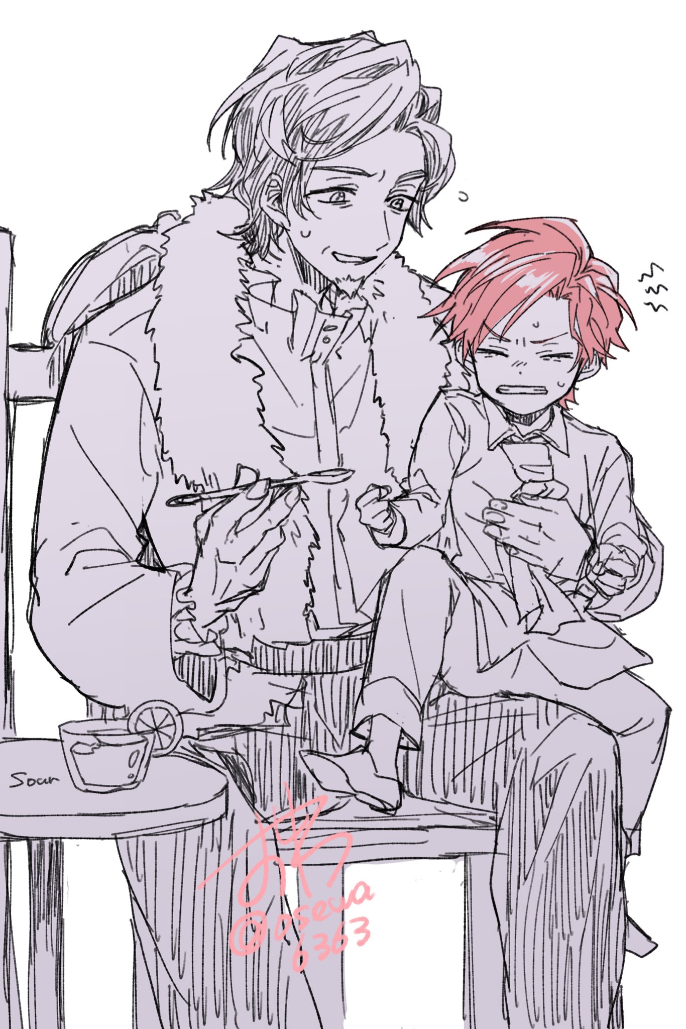 cale henituse, lout of count's family, highres, 2boys, aged down, beard, chair, cup, deruth henituse, facial hair, father and son, food, fruit, fur trim, goatee, lemon, lemon slice, male focus, multiple boys, orange (fruit), orange slice, osewa6363, red hair, short hair, sitting, sitting on lap, sitting on person, spoon, white background