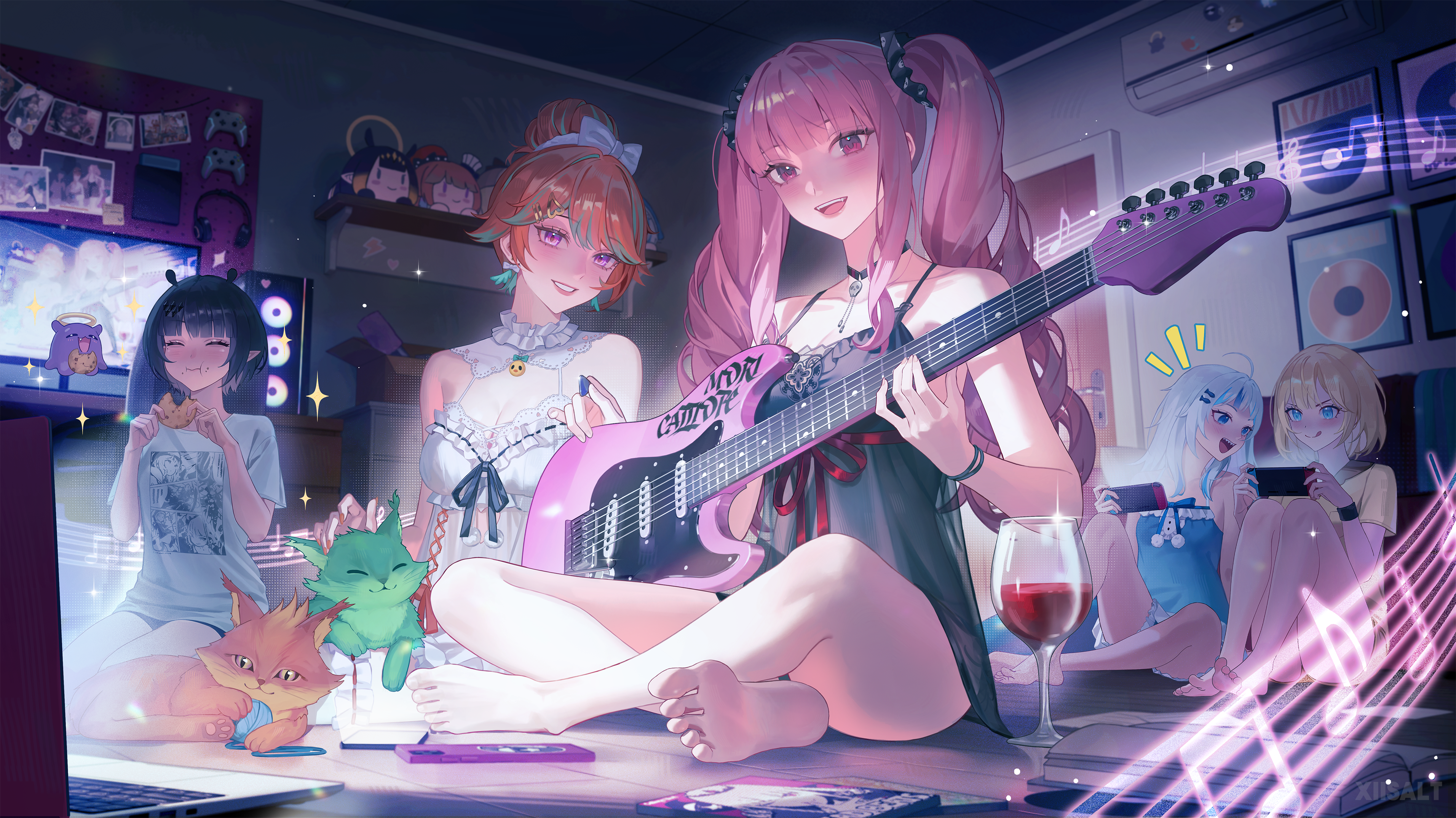 xiisalt, chonkers (takanashi kiara), gawr gura, mori calliope, mori calliope (sleepwear), ninomae ina'nis, ninomae ina'nis (loungewear), smol calli, smol ina, smol kiara, smoothie (takanashi kiara), takanashi kiara, takanashi kiara (cozy), watson amelia, hololive, hololive english, holomyth, absurdres, highres, 5girls, :d, alcohol, babydoll, barefoot, black choker, black nightgown, black shorts, blonde hair, blue eyes, blue hair, blunt bangs, bob cut, breasts, cat, choker, closed eyes, closed mouth, cup, drinking glass, electric guitar, empire waist, feathers, green feathers, green hair, grey hair, grin, guitar, hair bun, hair flaps, handheld game console, holding, holding guitar, holding handheld game console, holding instrument, indoors, instrument, large breasts, long hair, multicolored hair, multiple girls, nightgown, official alternate costume, official alternate hairstyle, open mouth, orange hair, pendant choker, pink eyes, pink hair, pointy ears, print shirt, purple eyes, purple hair, shirt, short hair, short shorts, shorts, sidelocks, single hair bun, sitting, sleepwear, smile, soles, streaked hair, t-shirt, toes, twintails, virtual youtuber, white babydoll, white shirt, wine, wine glass