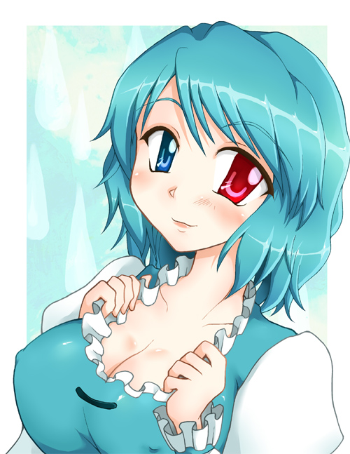 tobakko, tatara kogasa, touhou, bad id, bad pixiv id, 1girl, blue eyes, blue hair, breasts, cleavage, covered erect nipples, female focus, heterochromia, large breasts, matching hair/eyes, red eyes, short hair, solo