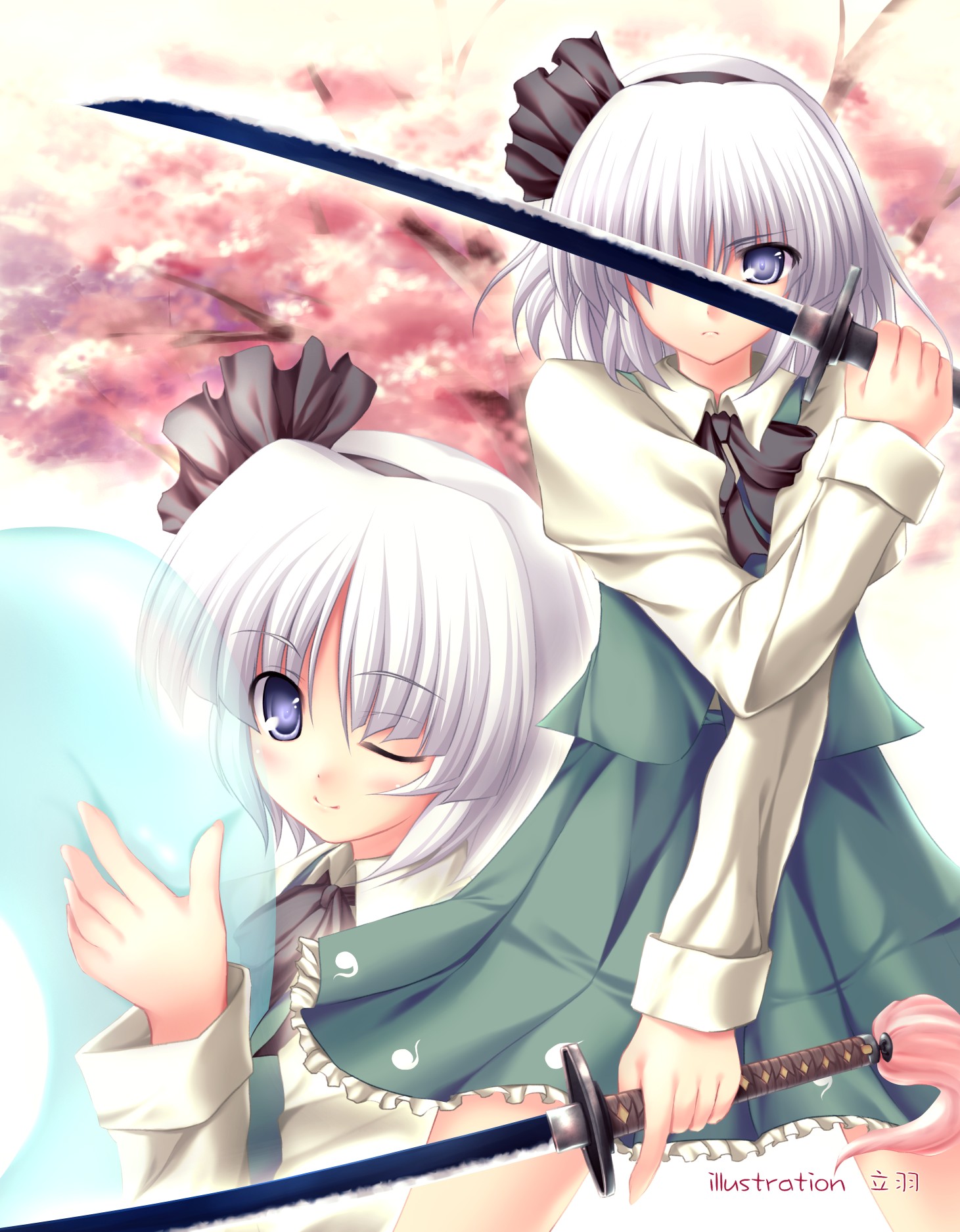 tateha (marvelous grace), konpaku youmu, konpaku youmu (ghost), touhou, silver hair, highres, >:(, 1girl, ;), ascot, blue eyes, bow, cherry blossoms, dual wielding, female focus, frown, ghost, hair bow, hair over eyes, hairband, headband, holding, katana, looking at viewer, multiple views, one eye closed, pleated skirt, projected inset, shirt, short hair, skirt, skirt set, smile, standing, sword, v-shaped eyebrows, vest, weapon, wink