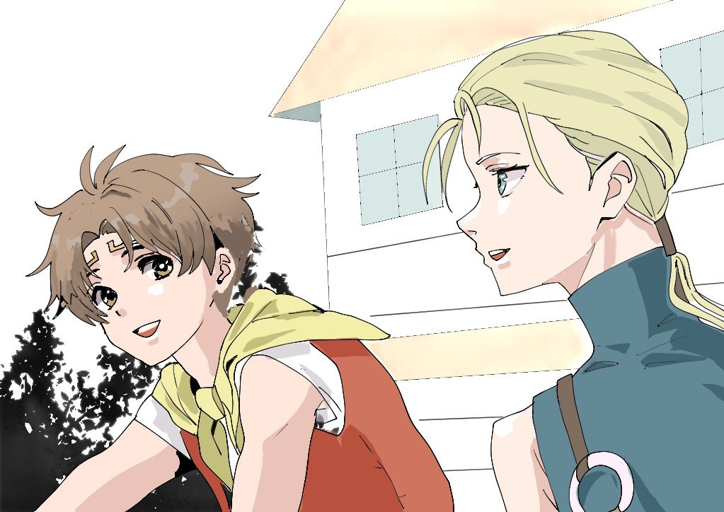 jowy atreides-blight, riou (suikoden), gensou suikoden, gensou suikoden ii, commentary request, 2boys, blonde hair, brown eyes, brown hair, house, looking at another, low ponytail, male focus, mon 7291, multiple boys, outdoors, ponytail, short hair, sideways mouth, smile