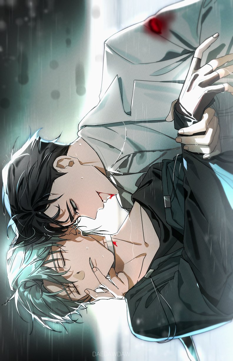 daenarys, ivan (alien stage), till (alien stage), alien stage, highres, 2boys, black eyes, black gloves, black hair, black jacket, black shirt, blood, blood from mouth, blood on clothes, blood on face, blurry, choker, closed eyes, closed mouth, collarbone, fingerless gloves, gloves, grey hair, hand on another's face, holding, holding another's wrist, injury, jacket, jewelry, long sleeves, looking at another, male focus, multiple boys, parted lips, profile, rain, shirt, short hair, sideways, smile, upper body, wet, wet hair, white jacket, white shirt, yaoi