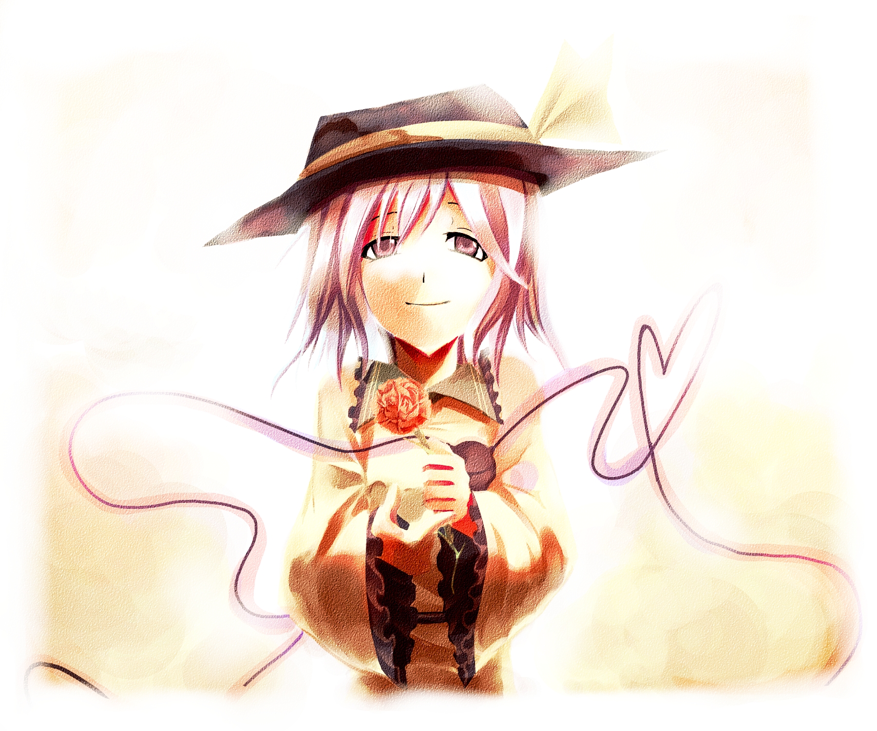 sorano eika, komeiji koishi, touhou, highres, 1girl, female focus, flower, gradient background, hat, plant, ribbon, rose, smile, solo, white background