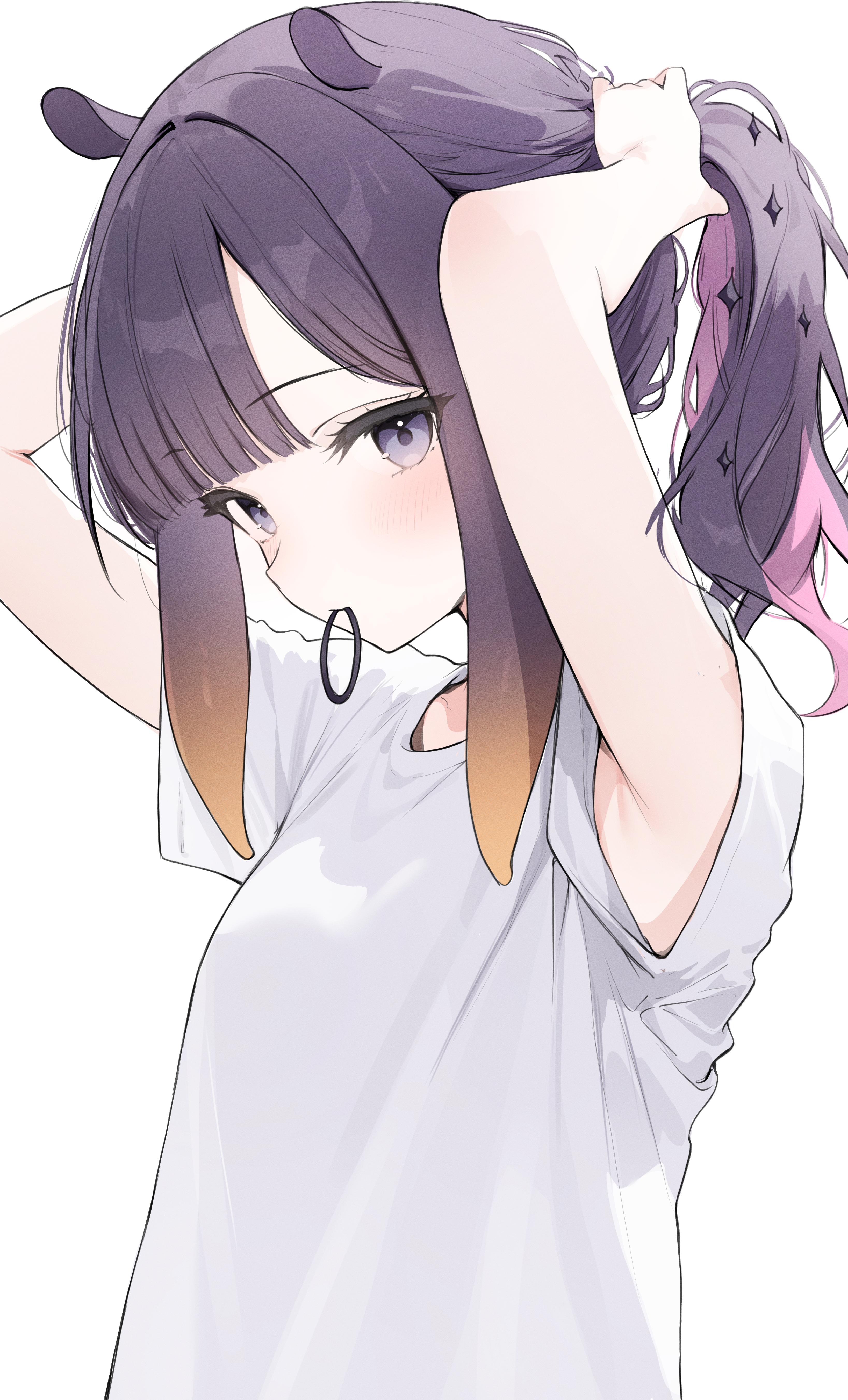 nyashira, ninomae ina'nis, hololive, hololive english, absurdres, highres, 1girl, armpits, arms up, blunt bangs, colored inner hair, gradient hair, hair tie in mouth, looking at viewer, mole, mole under eye, mouth hold, multicolored hair, orange hair, pink hair, pointy ears, ponytail, purple eyes, purple hair, shirt, sidelocks, simple background, solo, tentacle hair, tying hair, upper body, virtual youtuber, white background, white shirt