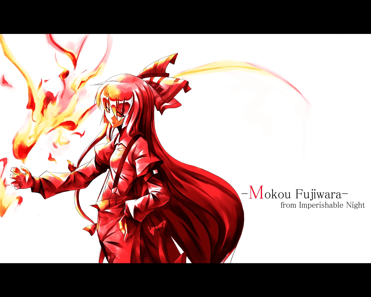 sorano eika, fujiwara no mokou, touhou, 1girl, female focus, fire, letterboxed, long hair, ribbon, solo, standing, white background