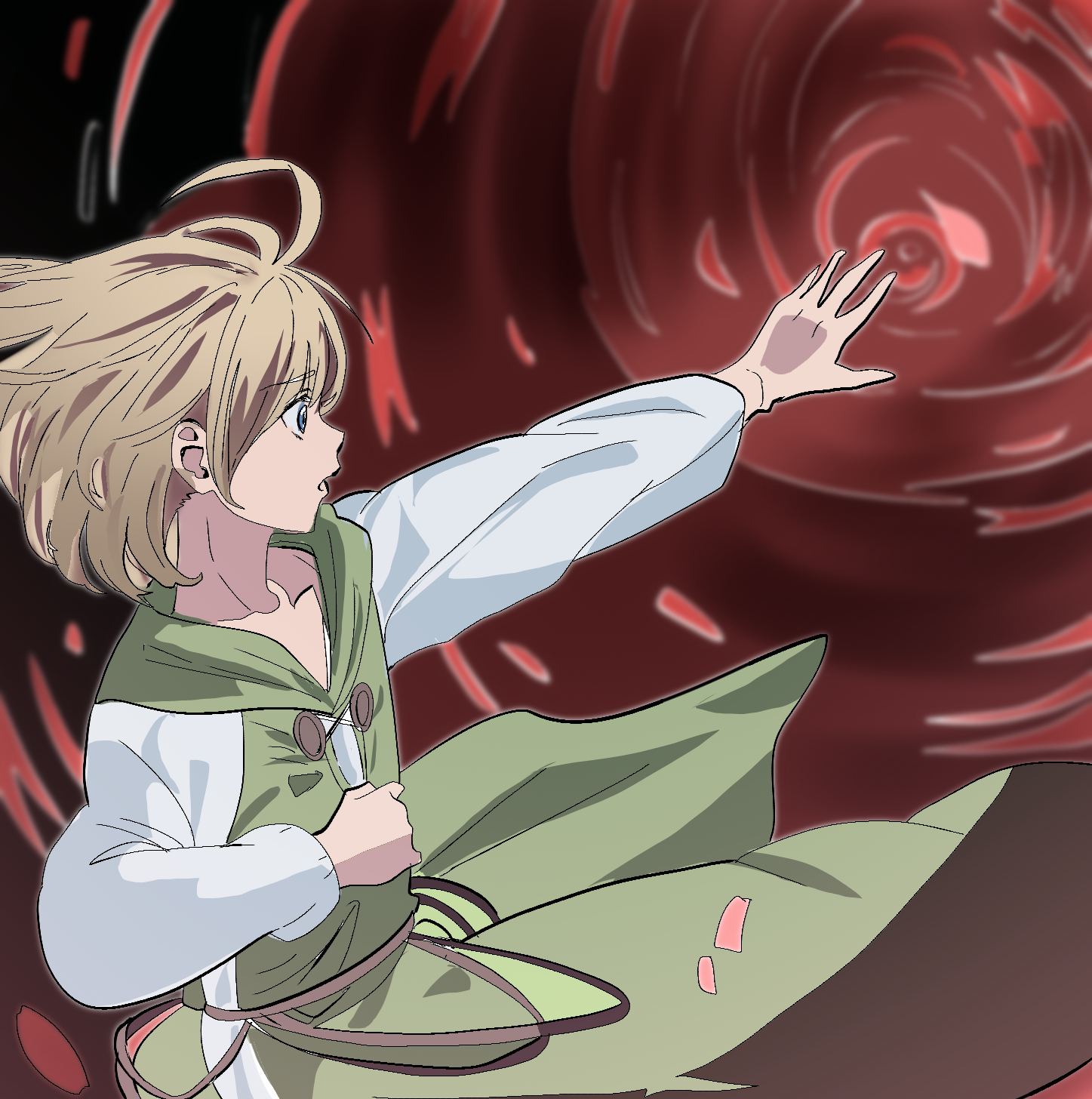 chaos (xenosaga), xenosaga, xenosaga episode iii, commentary request, highres, spoilers, 1boy, alternate costume, androgynous, blue eyes, brown hair, floating hair, male focus, mon 7291, outstretched arm, red background, red petals, solo, wide-eyed