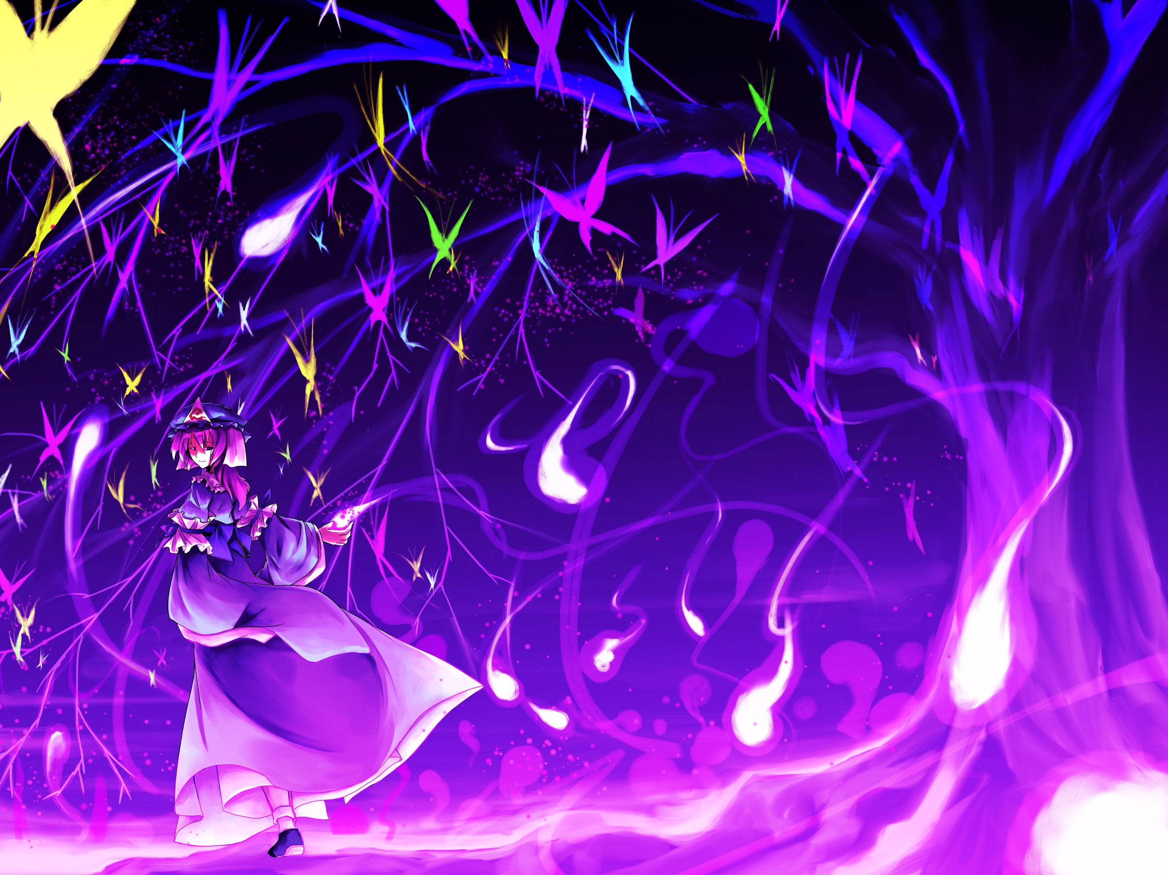 sorano eika, saigyouji yuyuko, touhou, highres, 1girl, dress, female focus, hat, japanese clothes, kimono, nature, plant, solo