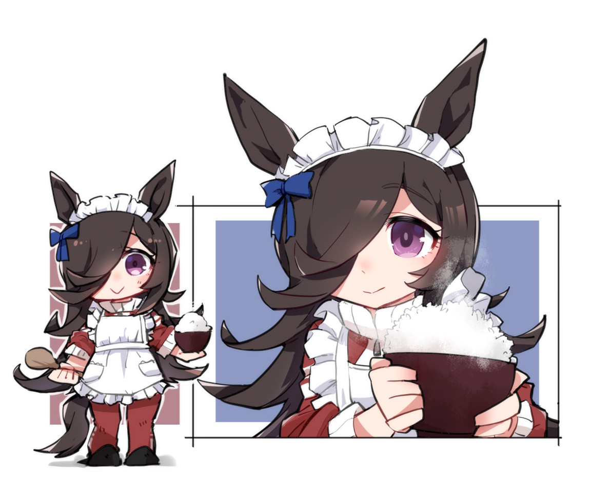 beer hsk, rice shower (umamusume), umamusume, 1girl, animal ears, apron, black shoes, blue background, blue bow, bow, bowl, brown background, brown hair, closed mouth, frilled apron, frills, hair over one eye, holding, holding bowl, holding spoon, horse ears, horse girl, horse tail, jacket, long hair, maid apron, maid headdress, multiple views, pants, purple eyes, red jacket, red pants, rice, rice bowl, shoes, smile, spoon, standing, tail, track jacket, track pants, track suit, very long hair, white apron, white background, wooden spoon