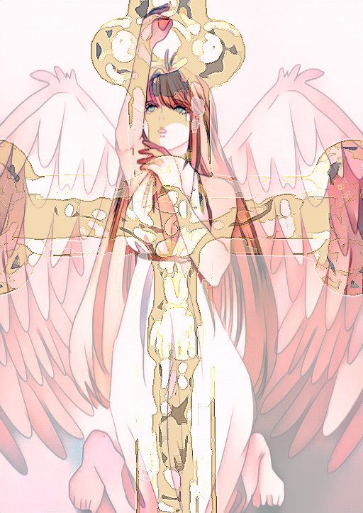 xenosaga, xenosaga episode iii, commentary request, 1girl, angel wings, blue eyes, brown hair, cross, dress, long hair, mary magdalene (xenosaga), mon 7291, solo, very long hair, white background, white dress, wings