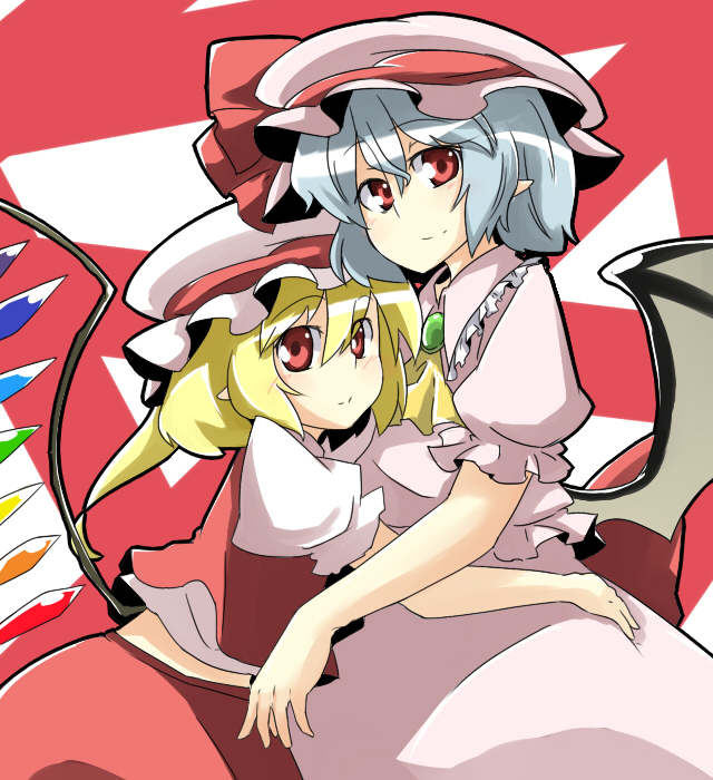 ariyoshi gen, flandre scarlet, remilia scarlet, touhou, 2girls, bat wings, blue hair, female focus, hat, multiple girls, ponytail, red eyes, short hair, siblings, side ponytail, sisters, wings