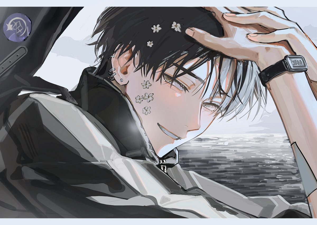 daenarys, original, 1boy, bandaid, bandaid on arm, black hair, black jacket, brown eyes, ear piercing, earrings, eyelashes, flower, grin, hair flower, hair ornament, hand on own head, hand up, high collar, instrument case, jacket, jewelry, long sleeves, looking at viewer, male focus, ocean, outdoors, parted lips, piercing, short hair, smile, solo, sticker, sticker on face, upper body, watch, water, white flower, wristwatch, zipper