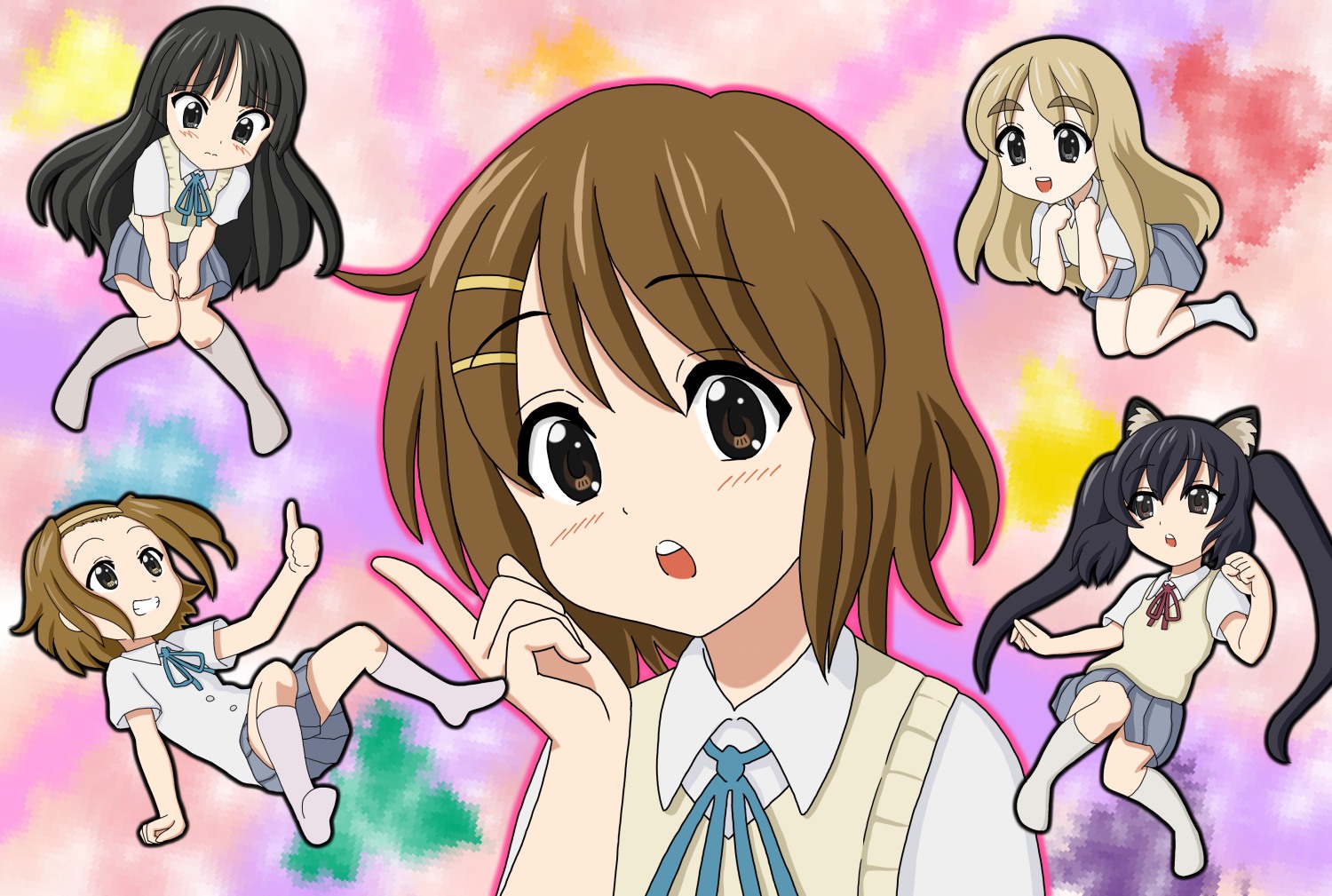 chunpai, akiyama mio, hirasawa yui, kotobuki tsumugi, nakano azusa, tainaka ritsu, k-on!, 00s, 5girls, animal ears, brown eyes, brown hair, cat ears, ho-kago tea time, mini person, minigirl, multiple girls, school uniform, short hair