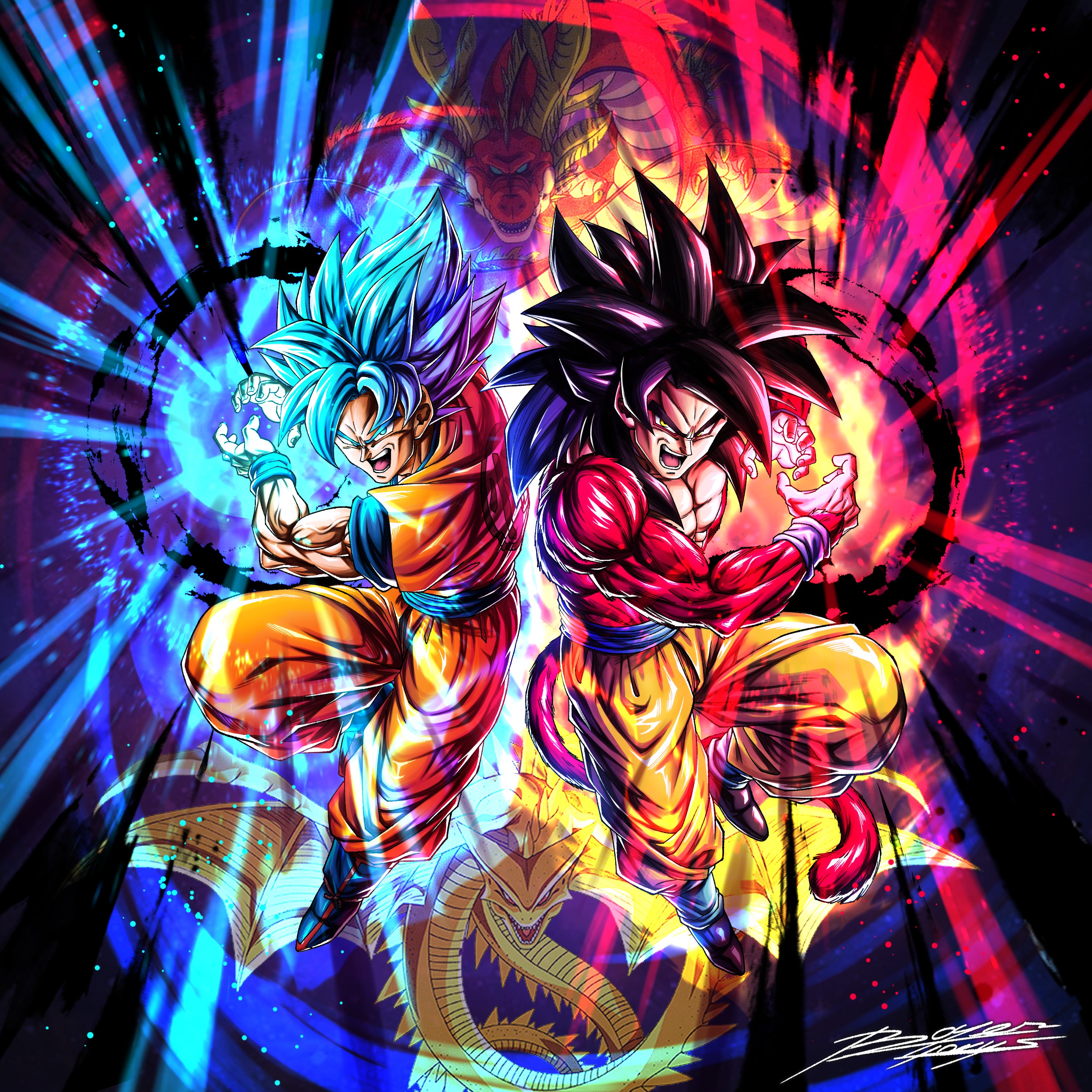 boyerjorys, son goku, super shenron, ultimate shenron, dragon ball, dragon ball gt, dragon ball legends, absurdres, highres, aura, black hair, blue eyes, blue hair, blue sash, body fur, dougi, dual persona, in-franchise crossover, kamehameha (dragon ball), long hair, looking at viewer, male focus, monkey boy, monkey tail, multiple boys, muscular, muscular male, no nipples, open mouth, pants, pectorals, red fur, saiyan, sash, spiked hair, super saiyan, super saiyan 4, super saiyan blue, tail, yellow pants