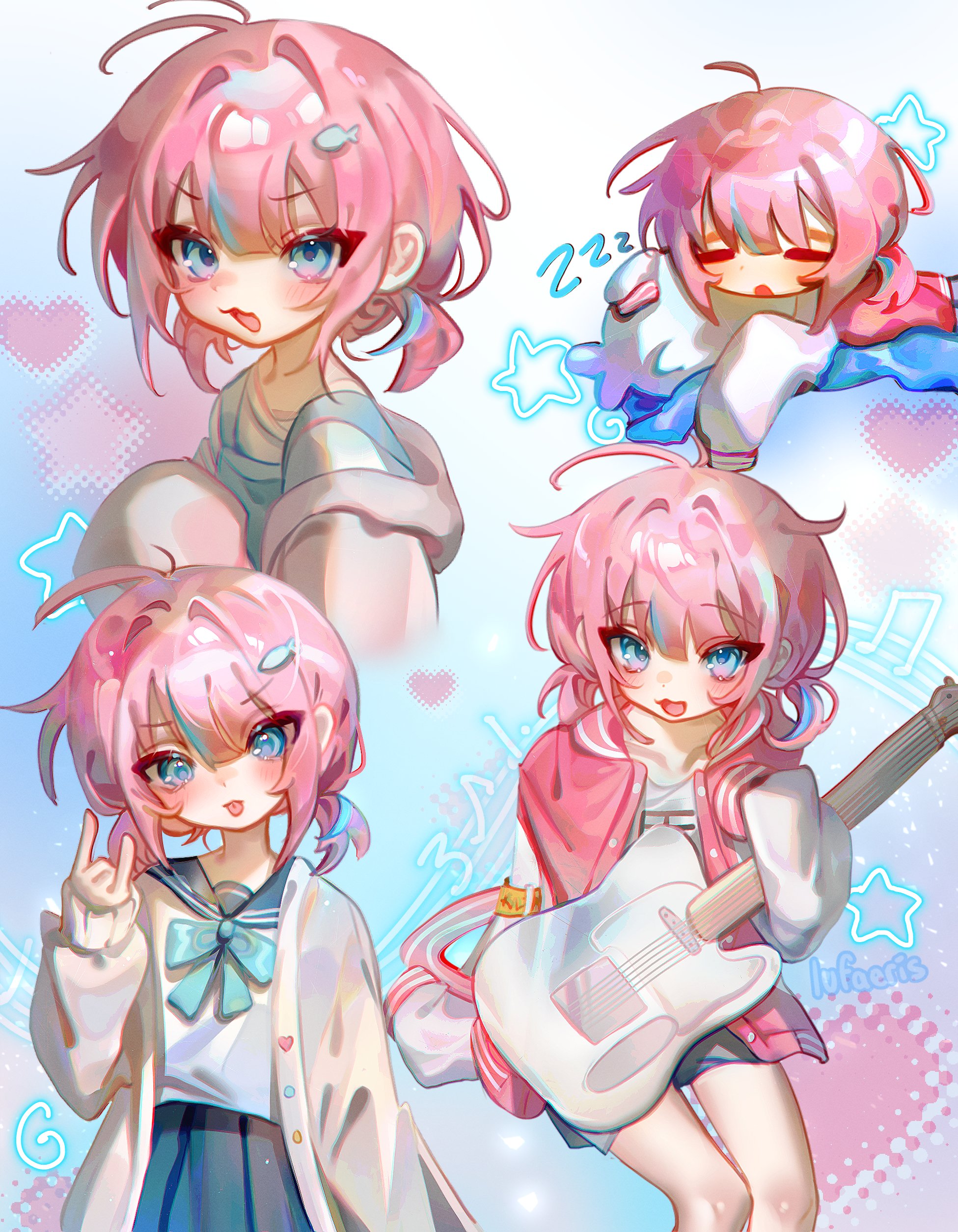 cloud (lufaeris), original, absurdres, commentary, english commentary, highres, 1girl, n/, antenna hair, blue bow, blue bowtie, blue eyes, blush, bow, bowtie, closed eyes, closed mouth, fish hair ornament, guitar, hair ornament, heart, holding, holding guitar, holding instrument, instrument, jacket, long sleeves, looking at viewer, multiple views, open clothes, open jacket, pink hair, pink jacket, shirt, short hair, sleeping, smile, star (symbol), white jacket, white shirt, zzz
