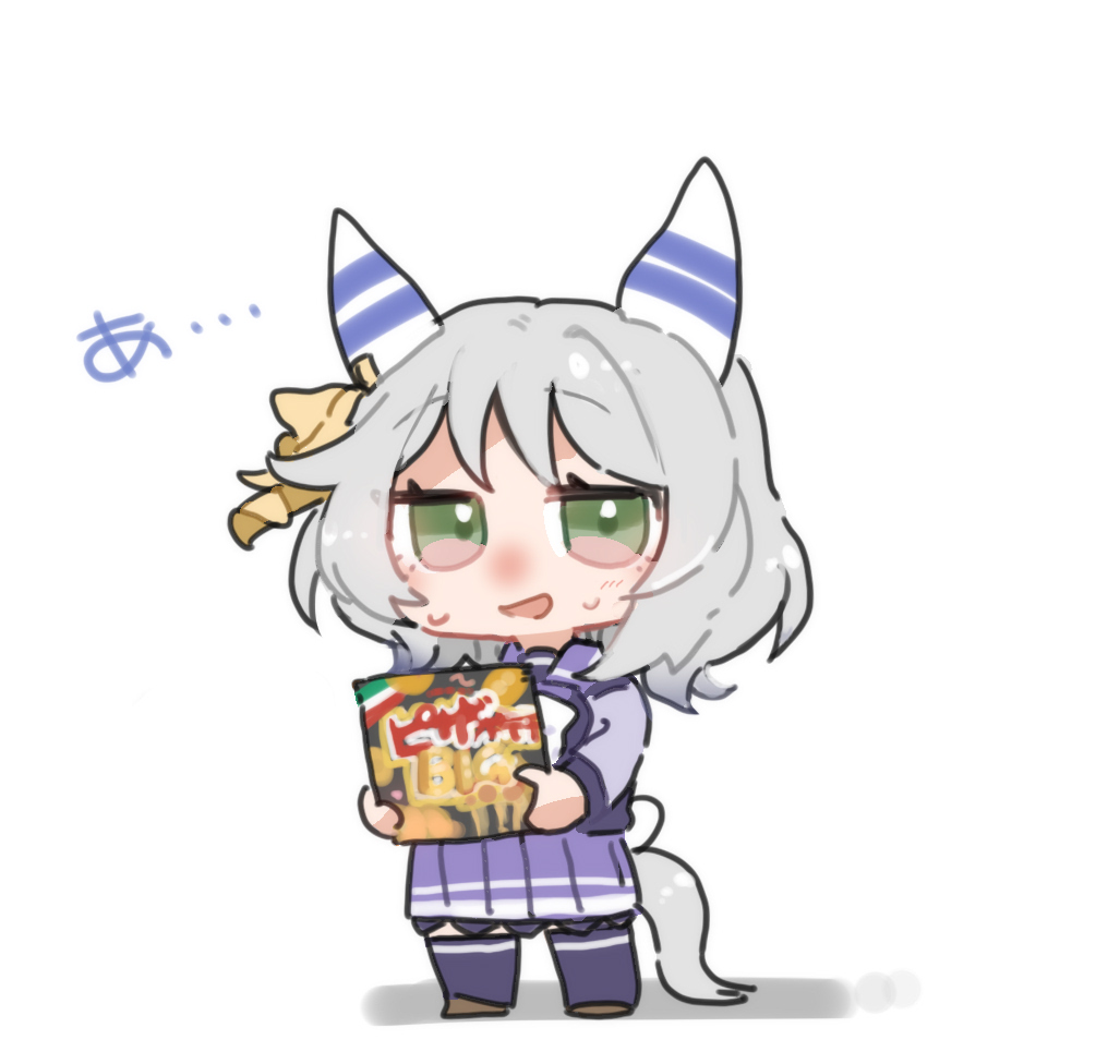 beer hsk, hishi miracle (umamusume), umamusume, translation request, 1girl, animal ears, blush, bow, brown shoes, chibi, full body, green eyes, grey hair, holding, horse ears, horse girl, horse tail, long sleeves, nervous smile, open mouth, pleated skirt, purple shirt, purple skirt, purple thighhighs, school uniform, shadow, shirt, shoes, simple background, skirt, smile, solo, standing, sweat, tail, thighhighs, tracen school uniform, white background, white bow