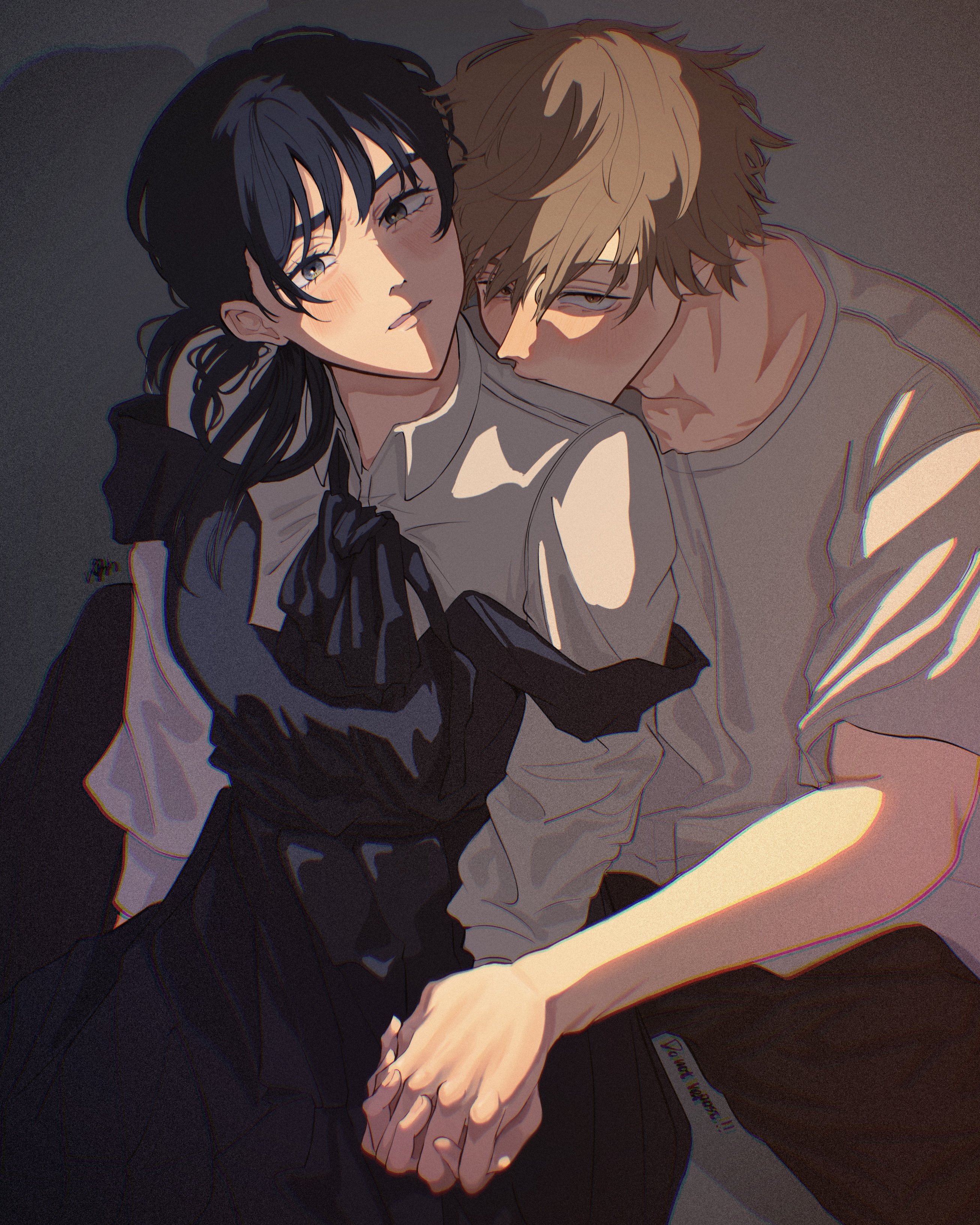 yurayuracocco, denji (chainsaw man), mitaka asa, chainsaw man, absurdres, highres, 1boy, 1girl, black eyes, black hair, blonde hair, couple, dress, fourth east high school uniform, hetero, holding hands, long hair, long sleeves, looking at viewer, pants, pinafore dress, red eyes, school uniform, shirt, short hair, sleeveless, sleeveless dress, twintails, white shirt