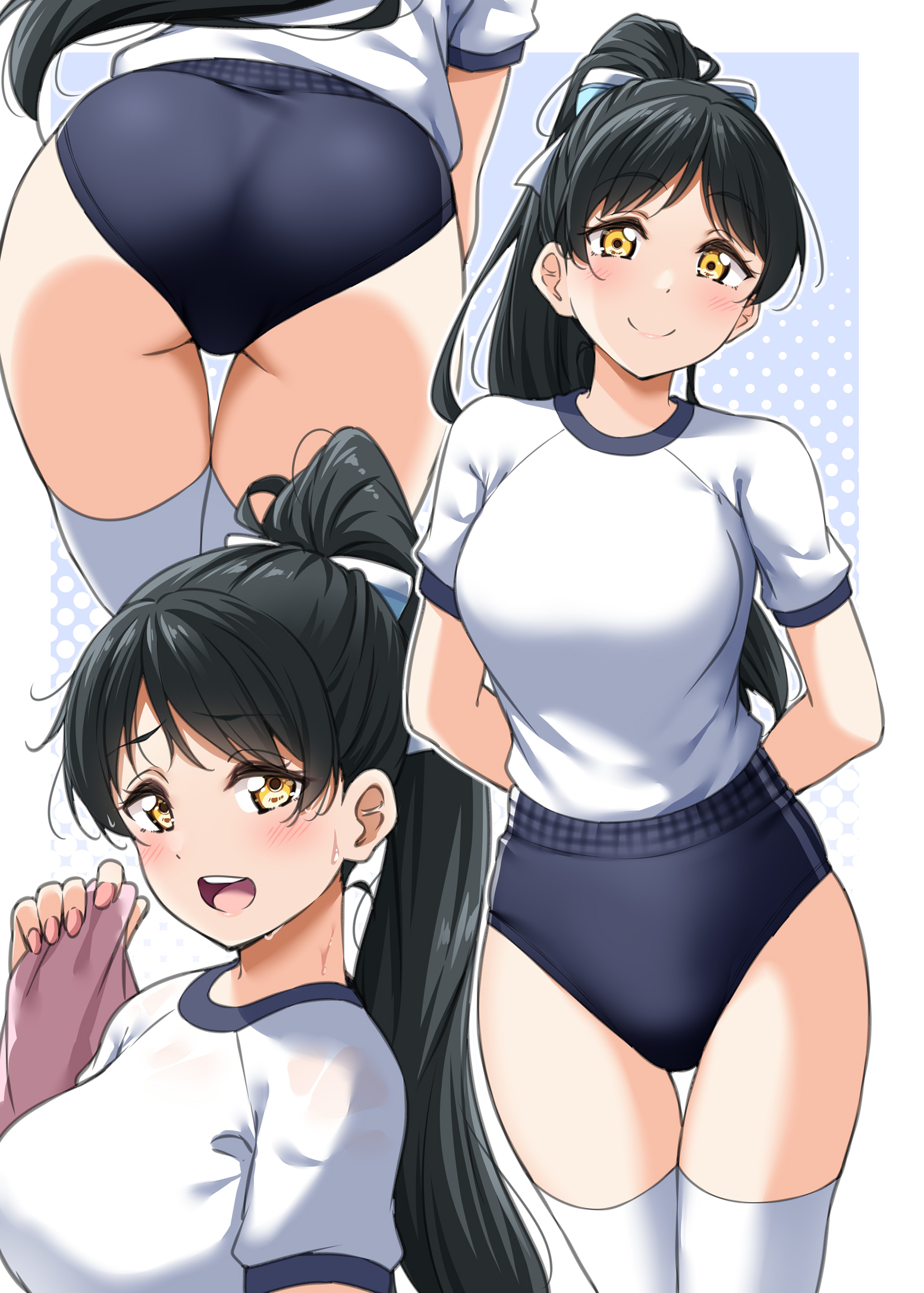 yopparai oni, hazuki ren, love live!, love live! superstar!!, commentary, highres, 1girl, ass, black hair, blush, breasts, buruma, gym uniform, hair ribbon, high ponytail, holding, holding towel, large breasts, long hair, looking at viewer, multiple views, ponytail, ribbon, sweat, towel, yellow eyes