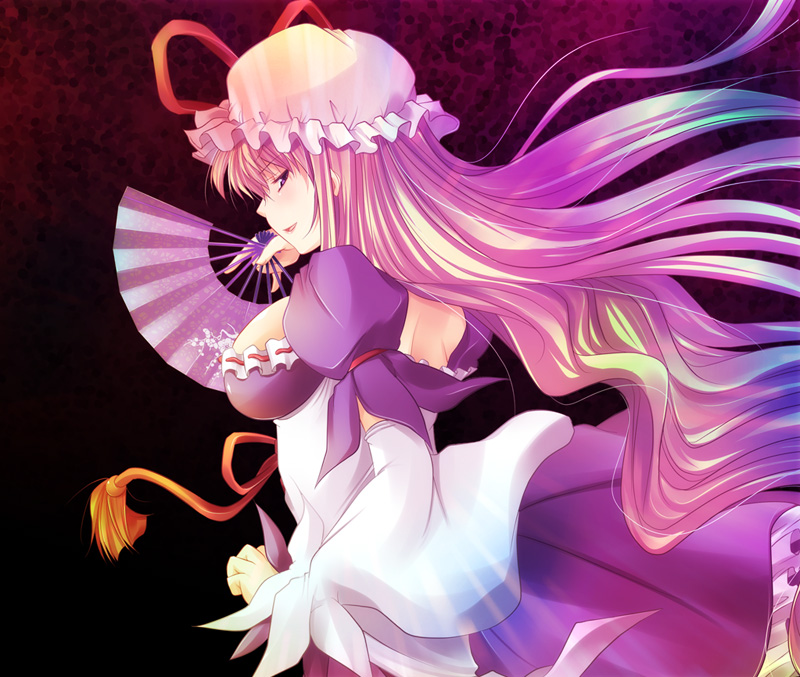 maki (seventh heaven maxion), yakumo yukari, touhou, 1girl, blush, breasts, detached sleeves, dress, female focus, floating hair, folding fan, hand fan, hat, holding, large breasts, long hair, long sleeves, looking at viewer, mob cap, purple dress, solo, very long hair, wind