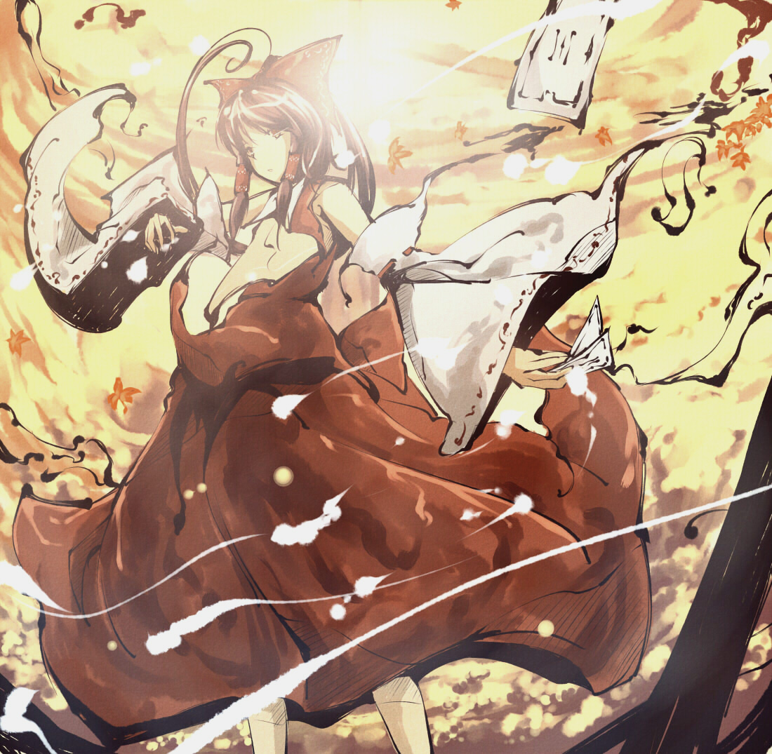 ryuu, ryuu (tsukinoyuki), hakurei reimu, touhou, 1girl, autumn leaves, bare shoulders, bow, brown eyes, brown hair, cloud, detached sleeves, dress, expressionless, falling leaves, female focus, floating, floating object, hair bow, hair tubes, holding, leaf, long hair, long sleeves, looking at viewer, ofuda, ponytail, red bow, red dress, sidelocks, sleeveless, sleeveless dress, solo, standing, sun, sunlight, wide sleeves