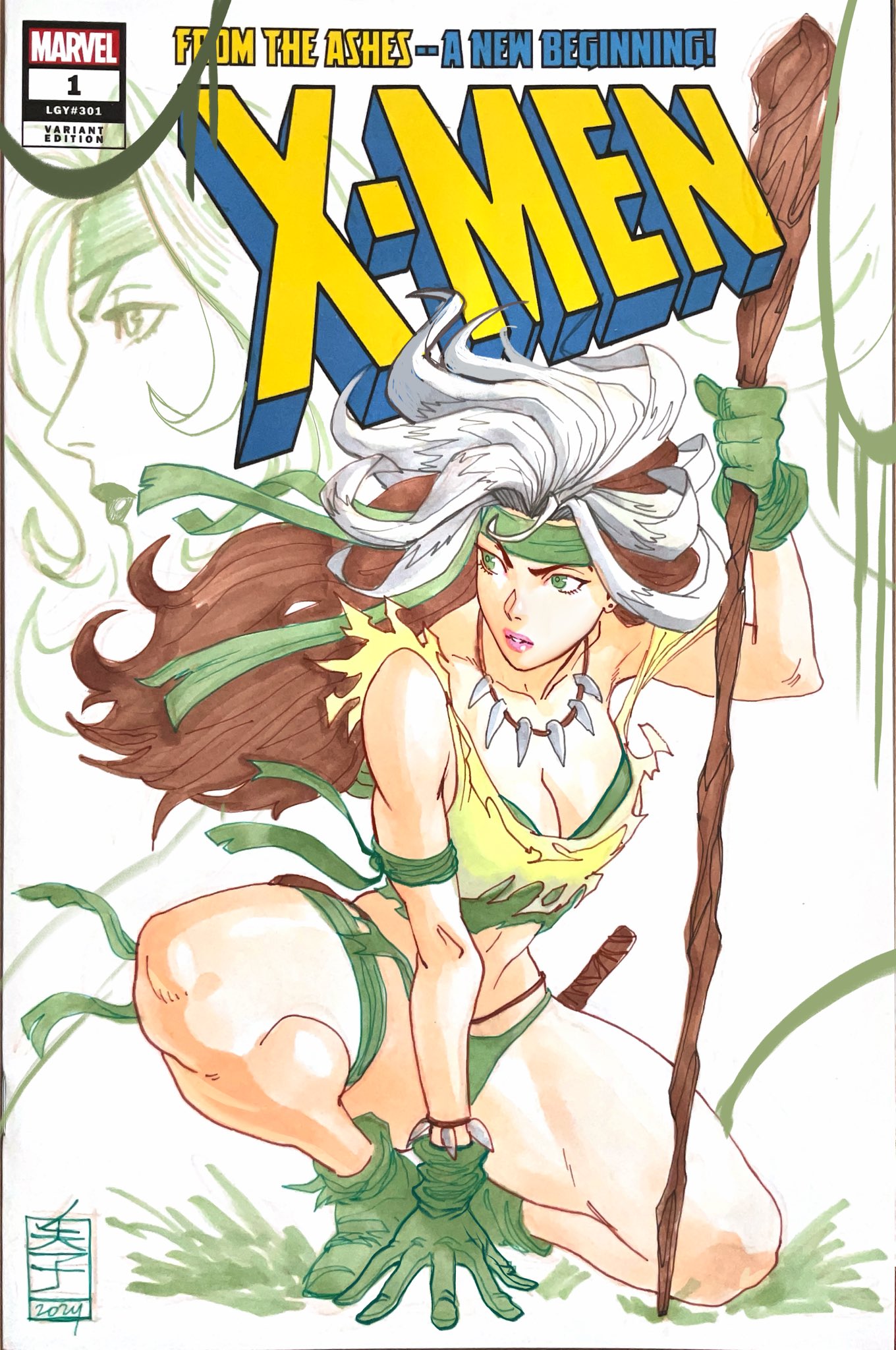 acecore2k, rogue (x-men), marvel, x-men, commentary, commission, english commentary, highres, marker (medium), pen (medium), traditional media, 1girl, armlet, bandana, bracelet, breasts, brown hair, cleavage, copyright logo, cover sketch, earrings, english text, floating clothes, floating hair, gloves, green bandana, green eyes, green gloves, green panties, green shirt, green shoes, hand on ground, holding, holding stick, jewelry, logo, long hair, looking to the side, medium breasts, midriff, multicolored hair, necklace, official alternate costume, panties, parted lips, pink lips, profile, shirt, shoes, solo, squatting, stick, stud earrings, thigh strap, tooth necklace, torn clothes, torn shirt, underwear, white background, white hair, yellow shirt