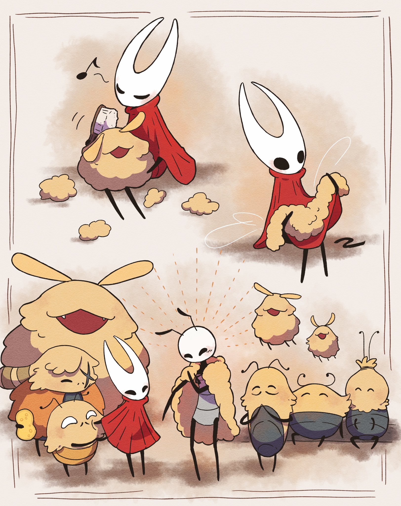 flea (hollow knight), hornet (hollow knight), huge flea (hollow knight), kratt (hollow knight), hollow knight, hollow knight: silksong, highres, antennae, arthropod boy, arthropod girl, black eyes, black skin, brushing another's hair, brushing hair, cloak, colored skin, fangs, fleamaster mooshka (hollow knight), fluff, fluffy, full body, grishkin (hollow knight), hair brush, hirakue012, hollow eyes, horned mask, mask, musical note, no humans, open mouth, red cloak, scar, scar on face, seth (hollow knight), sharp teeth, sitting, solid oval eyes, standing, teeth, varga (hollow knight), vog (hollow knight), white mask