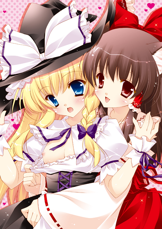 shigunyan, hakurei reimu, kirisame marisa, touhou, bad id, bad pixiv id, 2girls, animal ears, blonde hair, blue eyes, bow, braid, breasts, brown hair, cat ears, cat girl, detached sleeves, female focus, hat, kemonomimi mode, long hair, multiple girls, nipples, red eyes, small breasts, witch hat, wrist cuffs