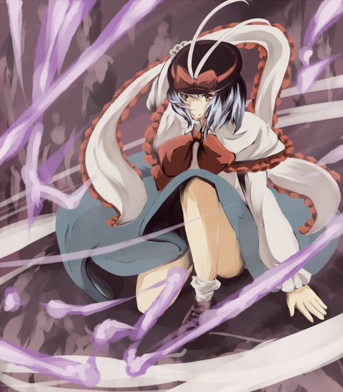 ryuu, ryuu (tsukinoyuki), nagae iku, touhou, 1girl, bare legs, bow, bowtie, capelet, female focus, full body, hat, hat bow, kneeling, long sleeves, red bow, red bowtie, solo