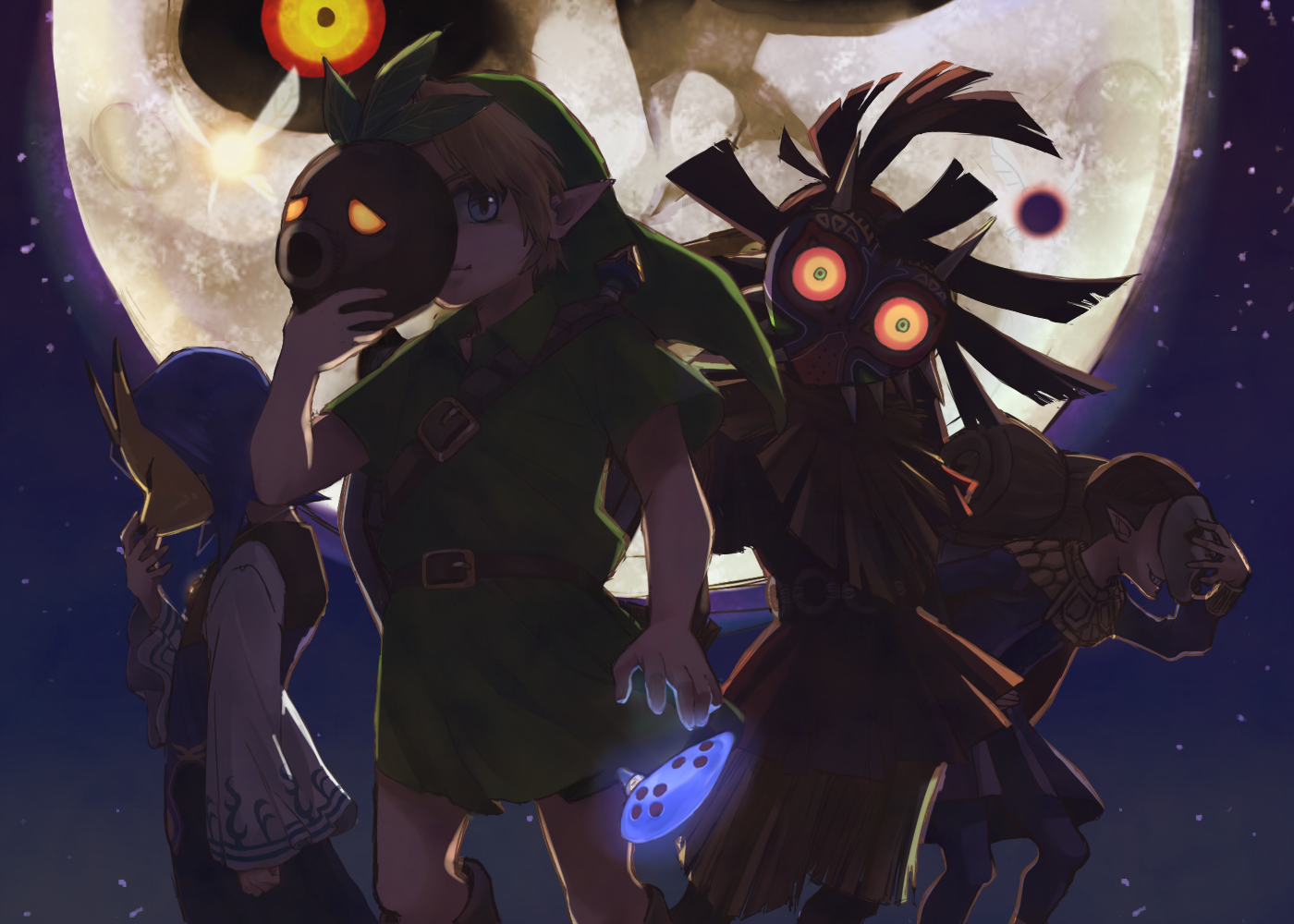 otton, happy mask salesman, kafei, link, majora (entity), moon (zelda), skull kid, tatl, nintendo, the legend of zelda, the legend of zelda: majora's mask, aura, black sclera, blonde hair, blue eyes, brother and sister, colored sclera, corruption, dark persona, deku mask, fairy, fairy wings, glowing, glowing eyes, green eyes, hat, holding, holding mask, instrument, keaton mask, looking at another, looking back, looking to the side, mask, multicolored eyes, night, ocarina, pointy ears, possessed, purple hair, red sclera, short hair, siblings, smile, tunic, wings, yellow eyes, yellow sclera