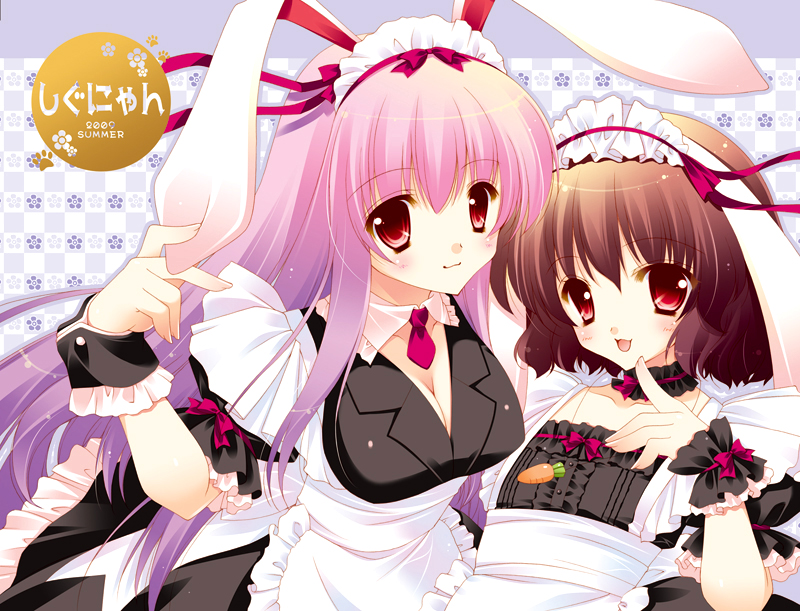 shigunyan, inaba tewi, reisen udongein inaba, touhou, 2girls, alternate costume, animal ears, brown hair, enmaided, female focus, long hair, maid, multiple girls, purple hair, rabbit ears, red eyes, short hair