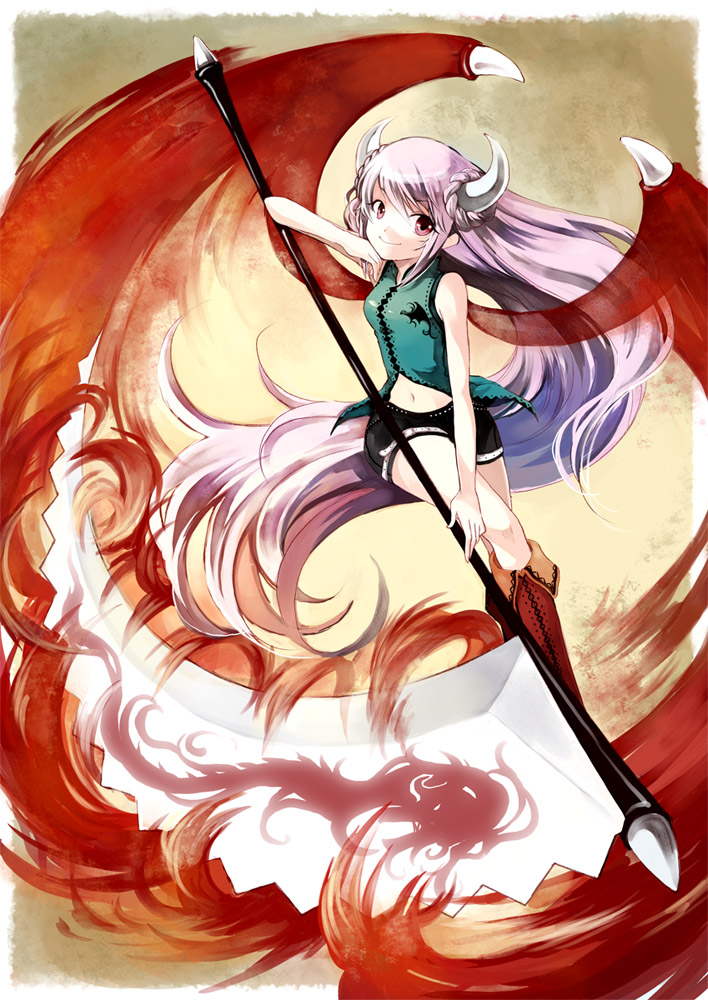 kaedena akino, miyabi akino, original, bad id, bad pixiv id, 1girl, boots, braid, dragon wings, female focus, horns, long hair, midriff, navel, pink eyes, purple hair, scythe, solo, very long hair, wings